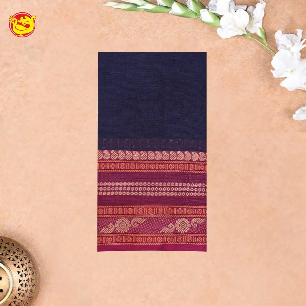 Navy Blue with Pink Pure Chettinad Cotton Saree without Blouse