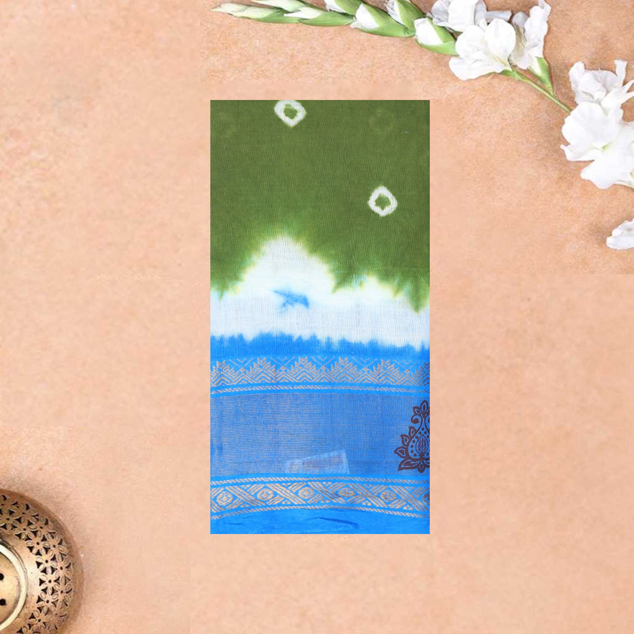 Green With Blue Sungudi Cotton Saree   without Blouse