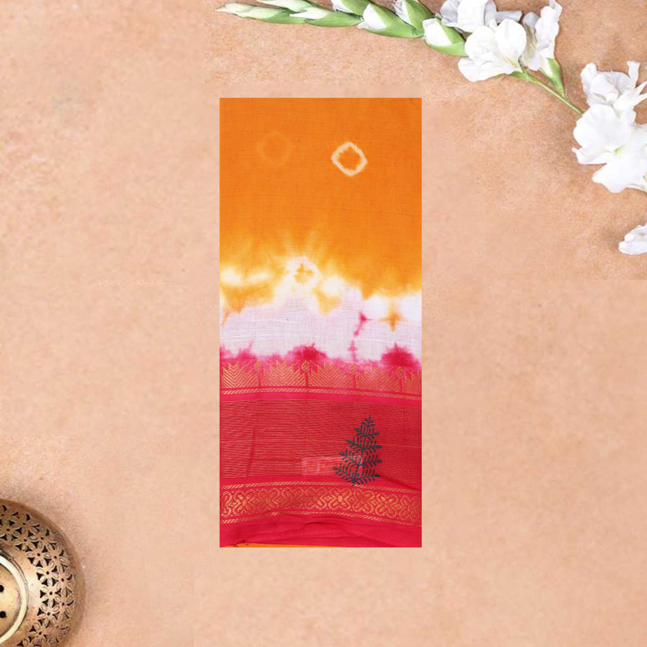 Golden Yellow With Vibrant Red  Sungudi Cotton Saree  without Blouse