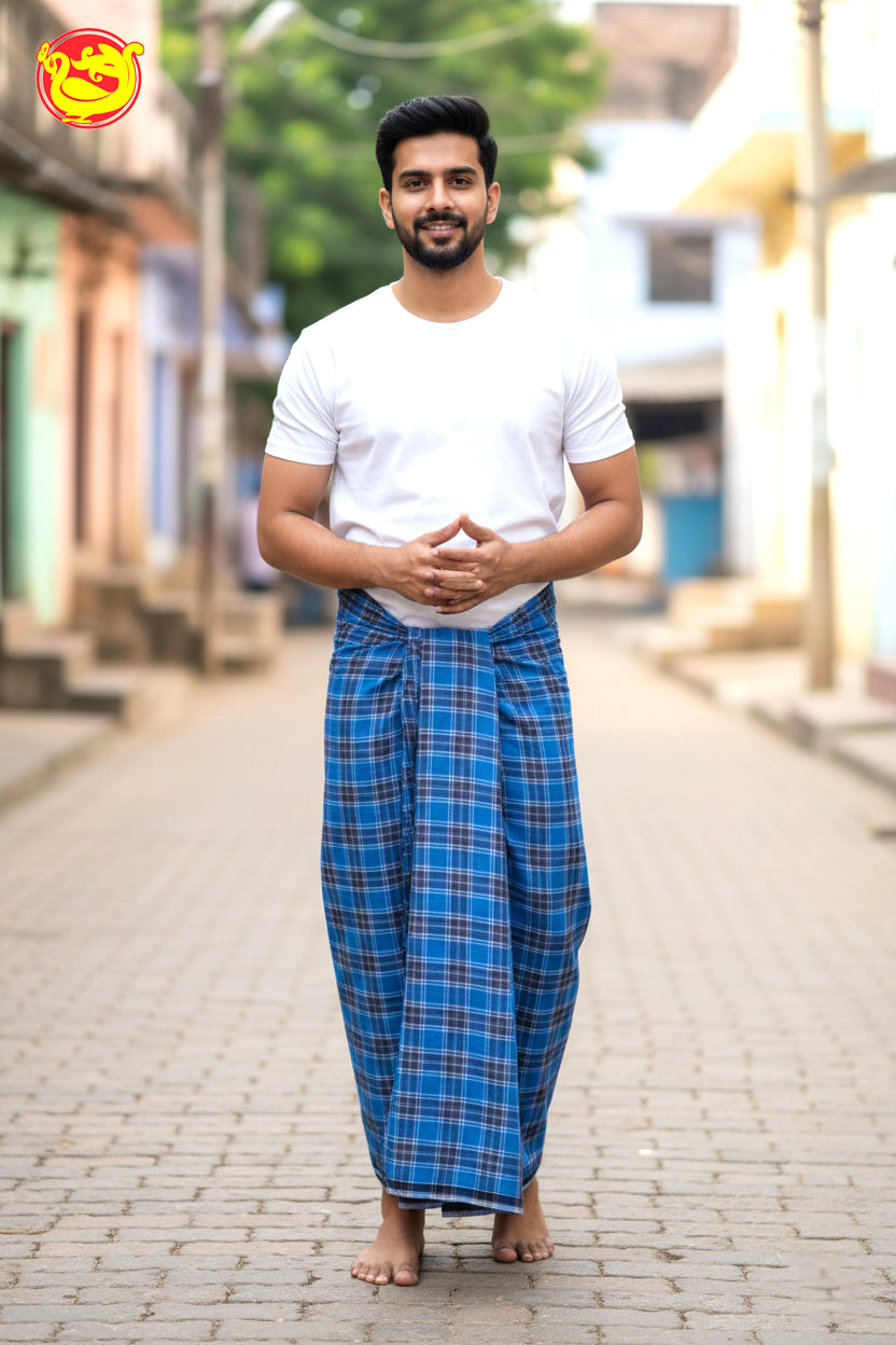 Men’s  Blue  with Brown Checked Cotton Stitched Lungi