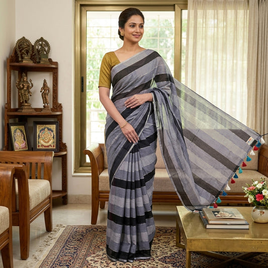 Black With Grey Stripes  Mul Mul Cotton Saree