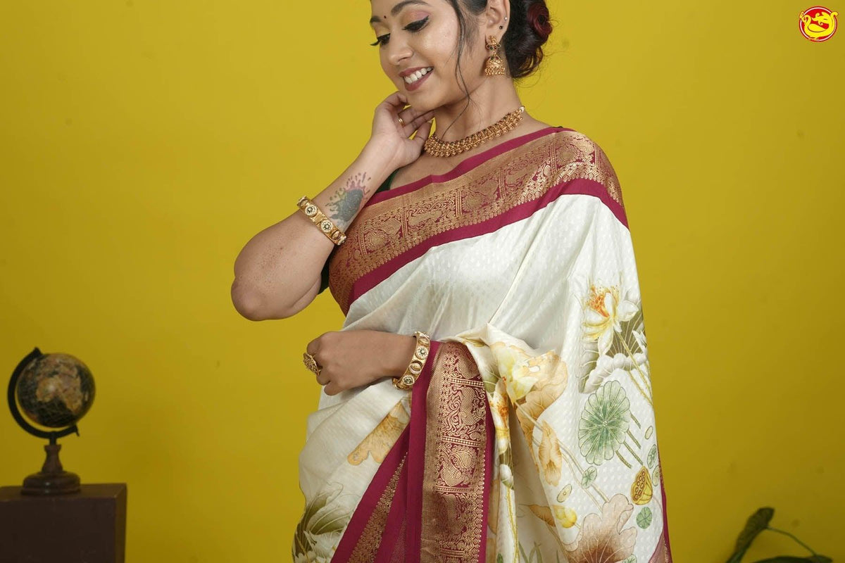 White with dark pink embossed silk saree with digital prints