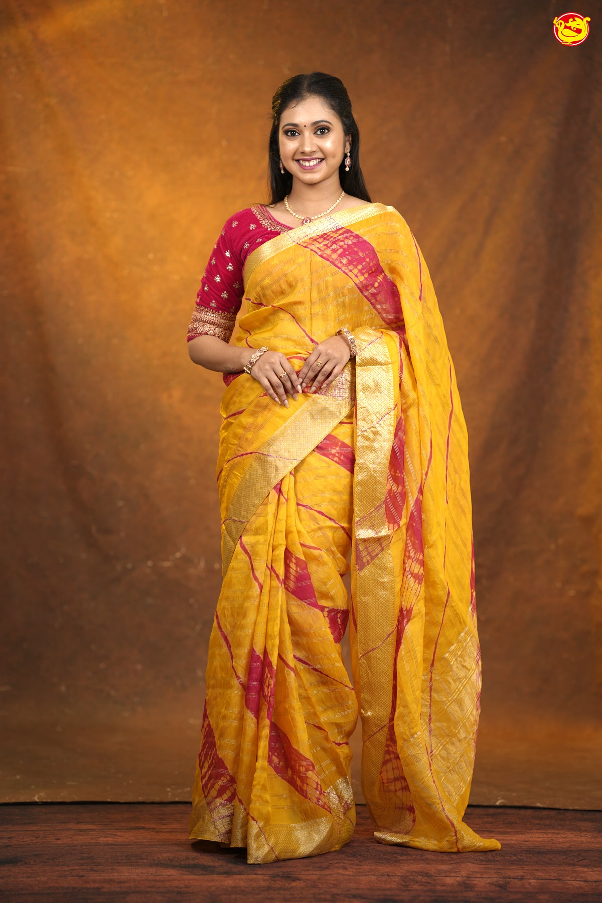 Yellow With Pink Fancy cotton saree with brush strokes saree
