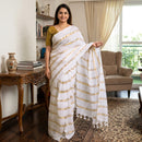 Off White With Gold Zari Stripes Mul Mul Cotton Saree