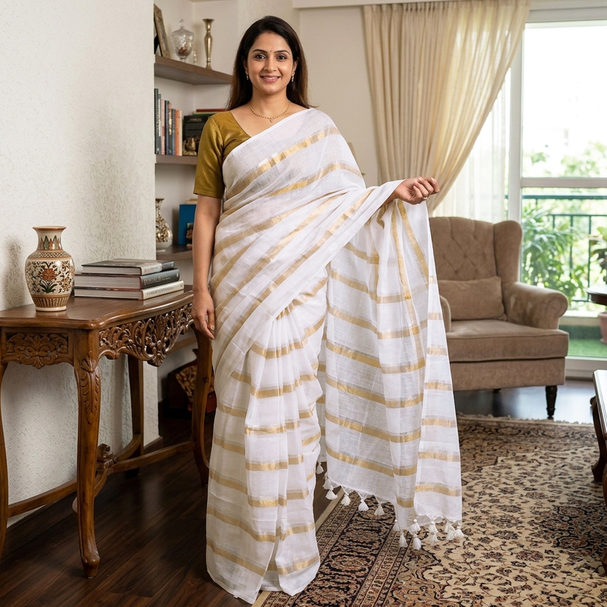Off White With Gold Zari Stripes Mul Mul Cotton Saree