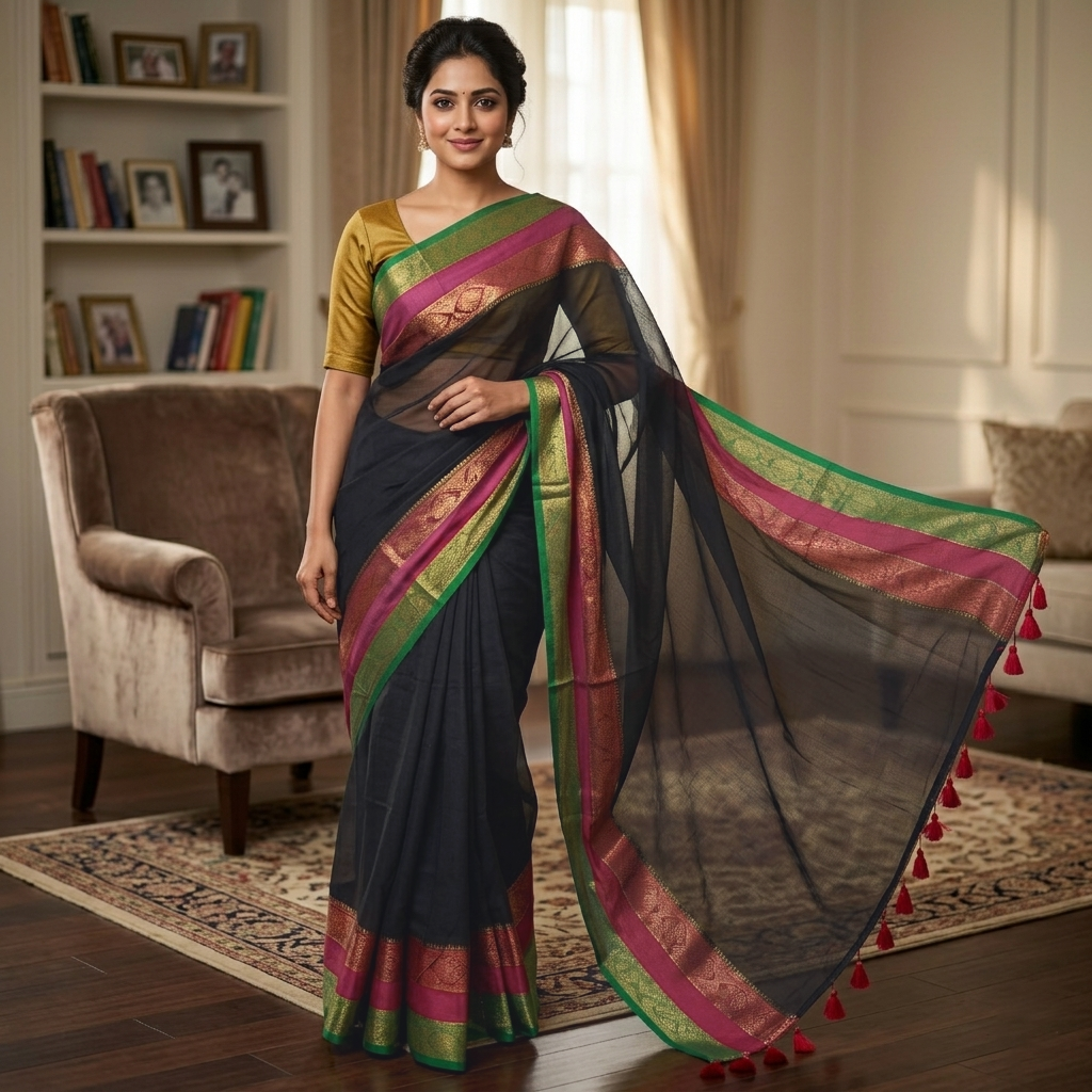 Black With Magenta & green Border  Mul Mul Cotton Saree