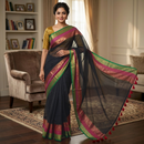 Black With Magenta & green Border  Mul Mul Cotton Saree