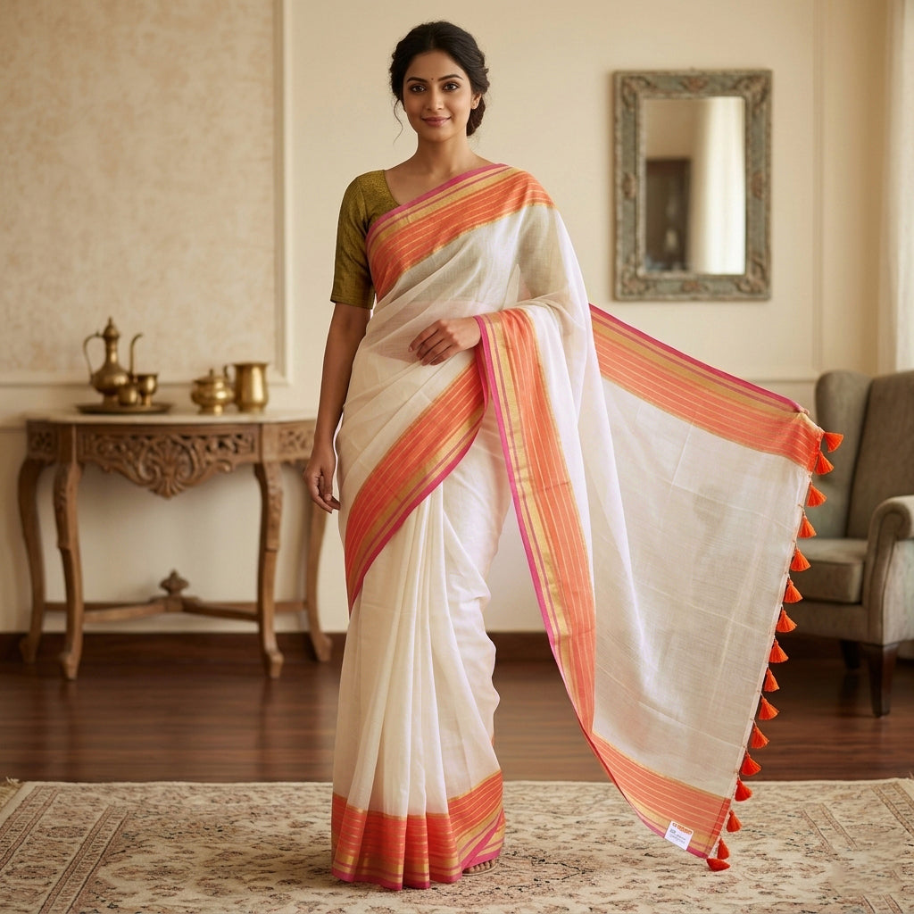 Off White With Orange Mul Mul Cotton Saree