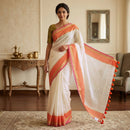 Off White With Orange Mul Mul Cotton Saree