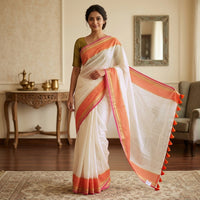 Off White With Orange Mul Mul Cotton Saree