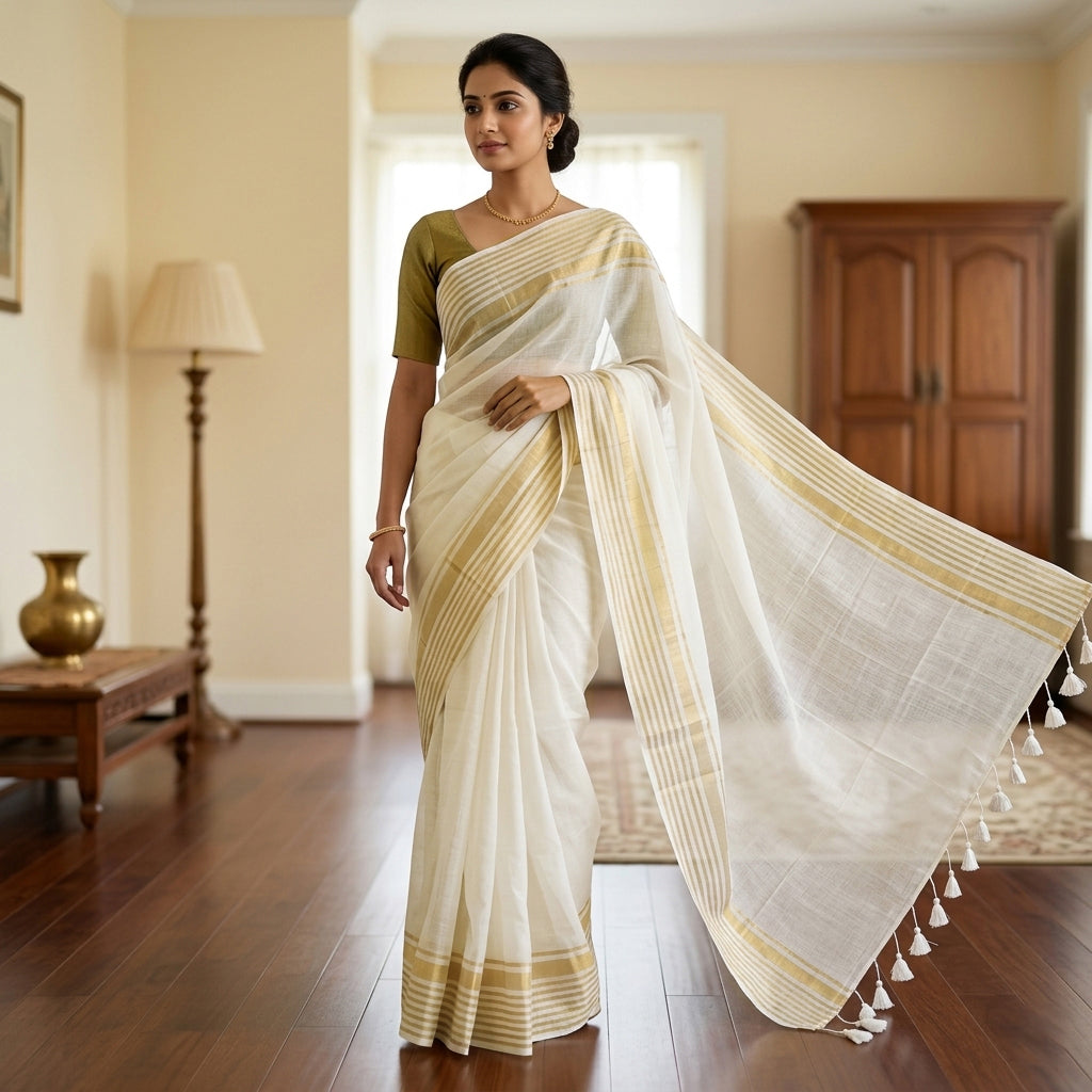 Off White With Gold Border  Mul Mul Cotton Saree