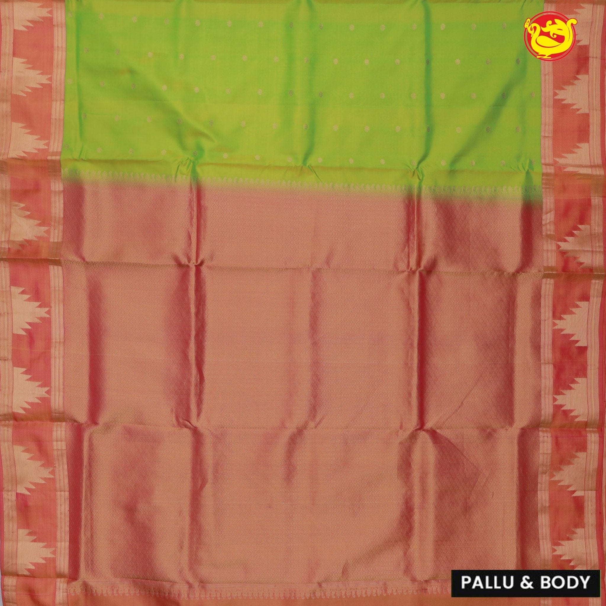 Parrot green with Orange 9 Yards Soft Silk Saree