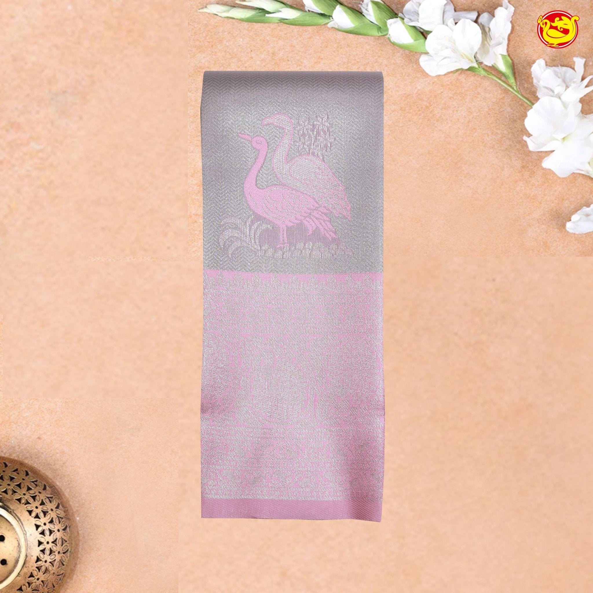 Grey with Pink Flamingo motifs Kubera Pattu Saree