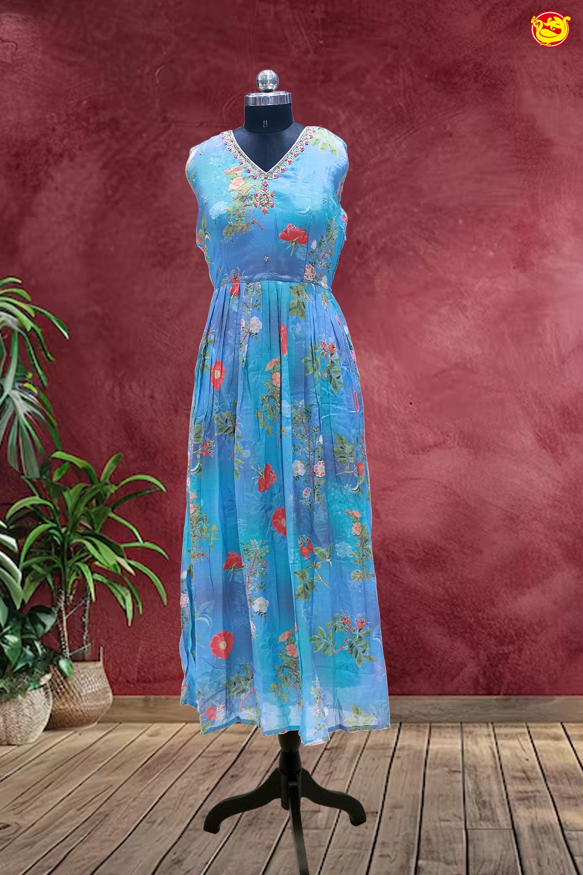 Sky Blue Colour Floral Ladies Branded Readymade Maxi Top