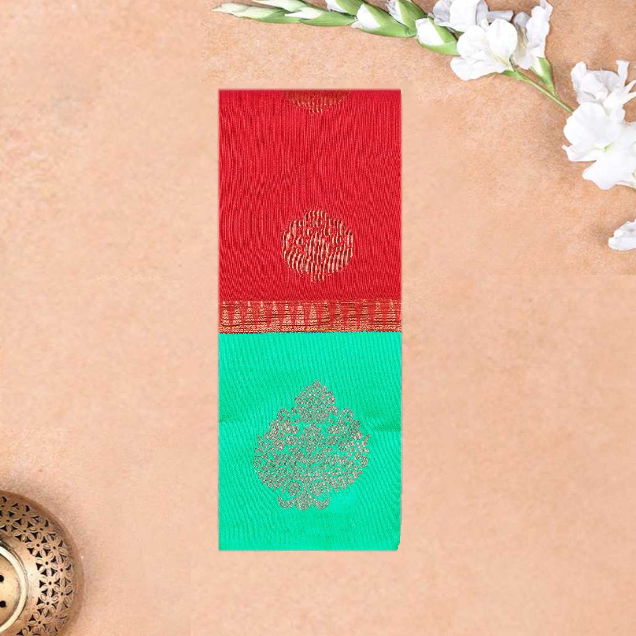 Red  With Green Silk Cotton Saree