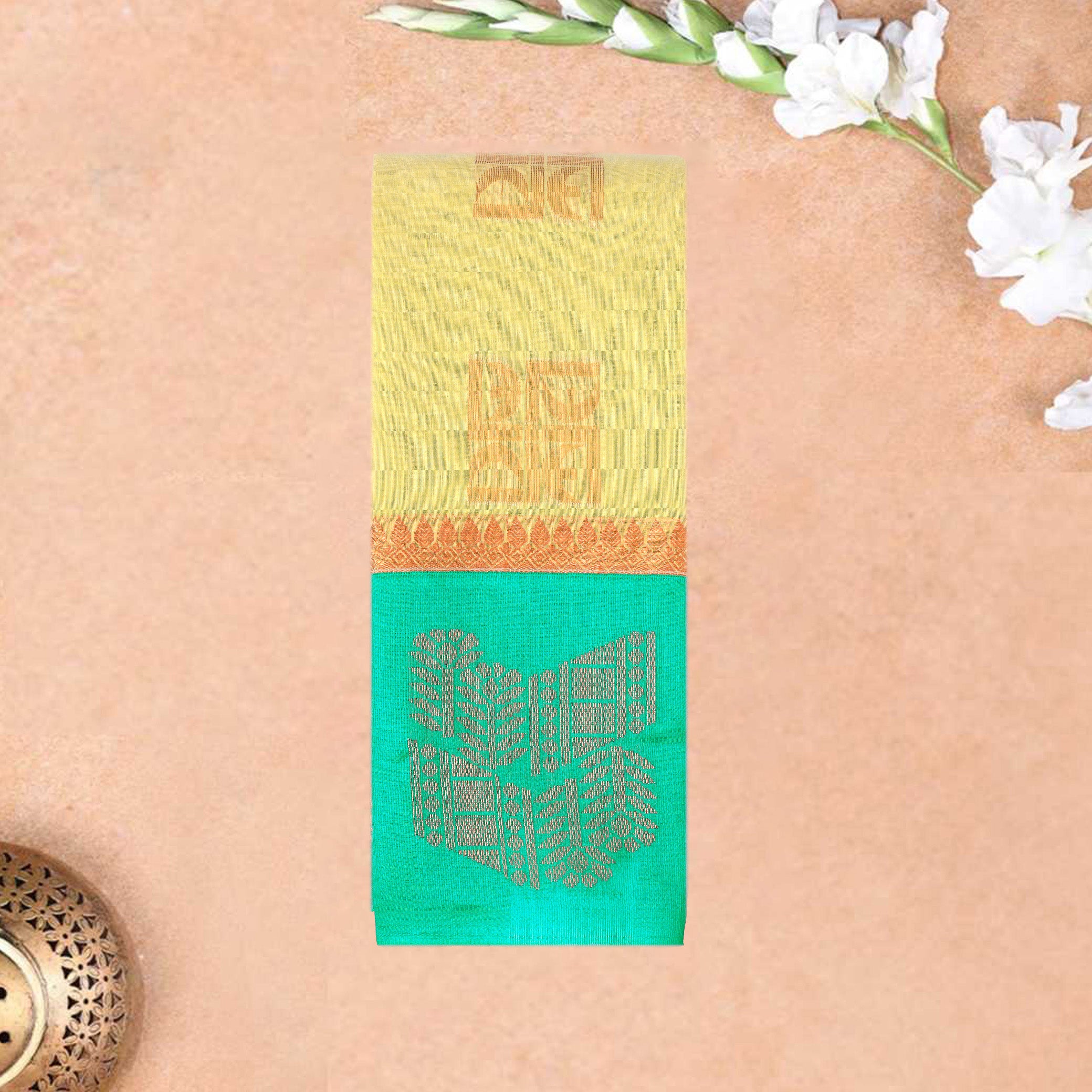 Light Yellow With Turquoise Border Silk Cotton Saree