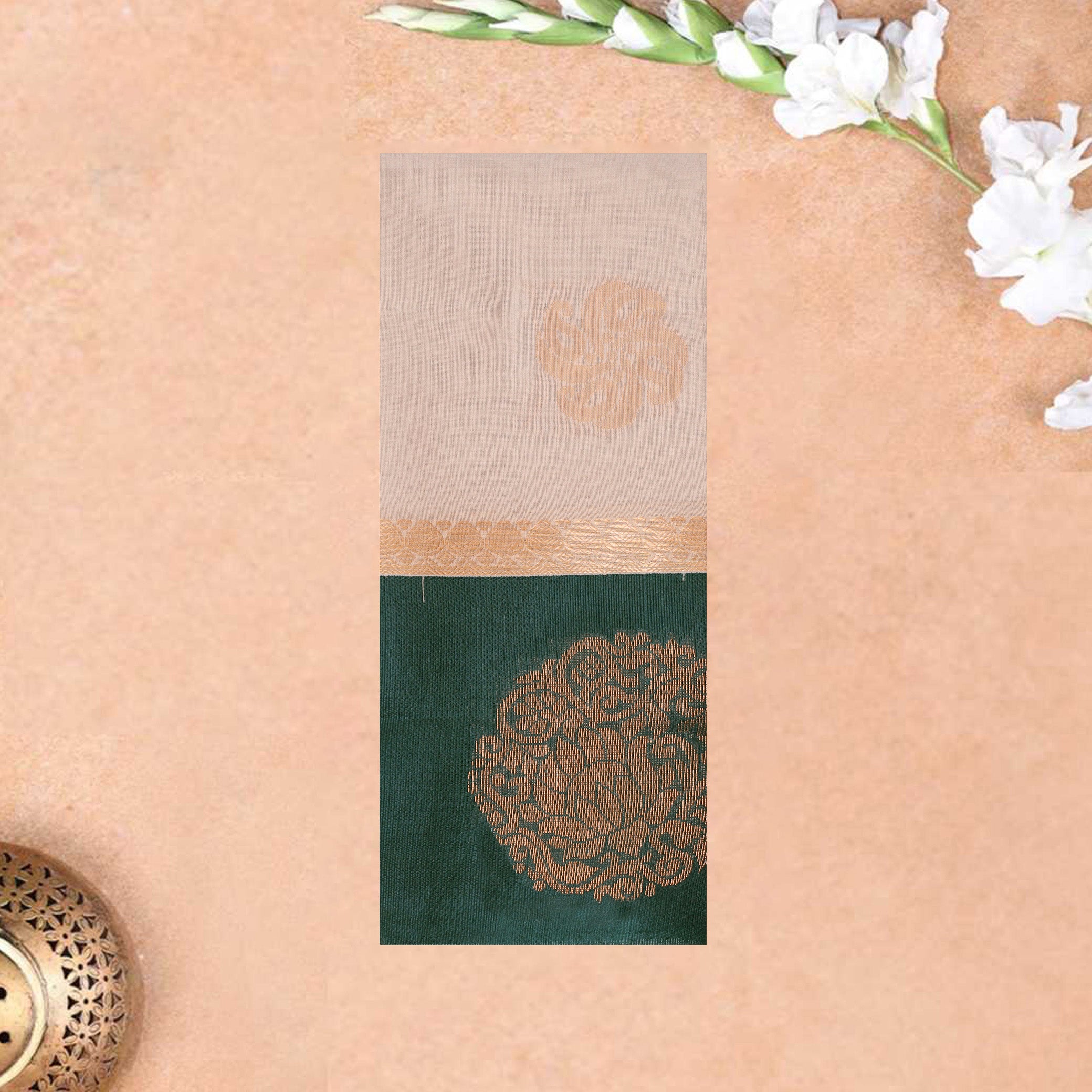 Cream With  Green  Border Silk Cotton Saree