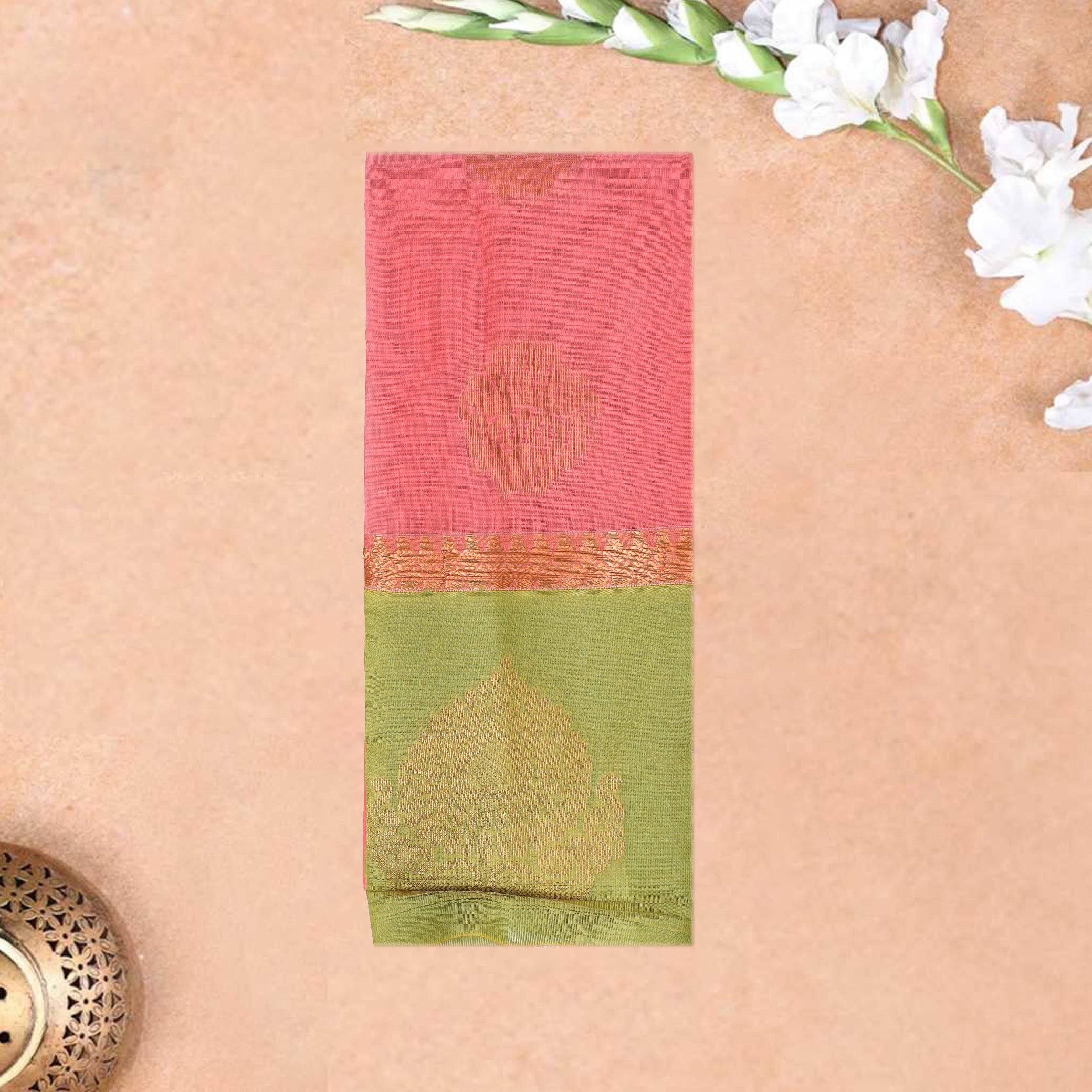 Rose Pink  With Green Border Silk Cotton Saree
