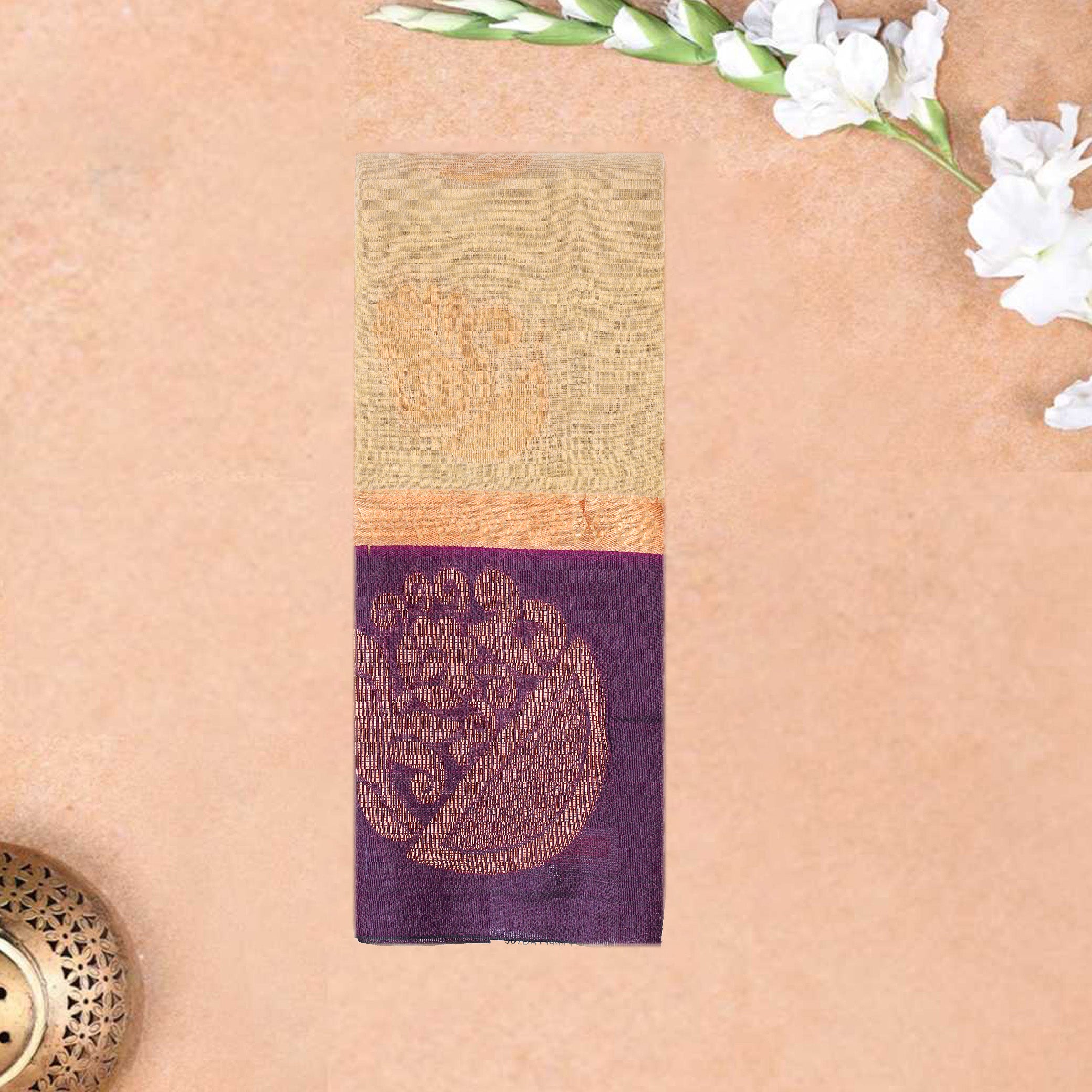 Sandal With Dark purple border Silk Cotton Saree