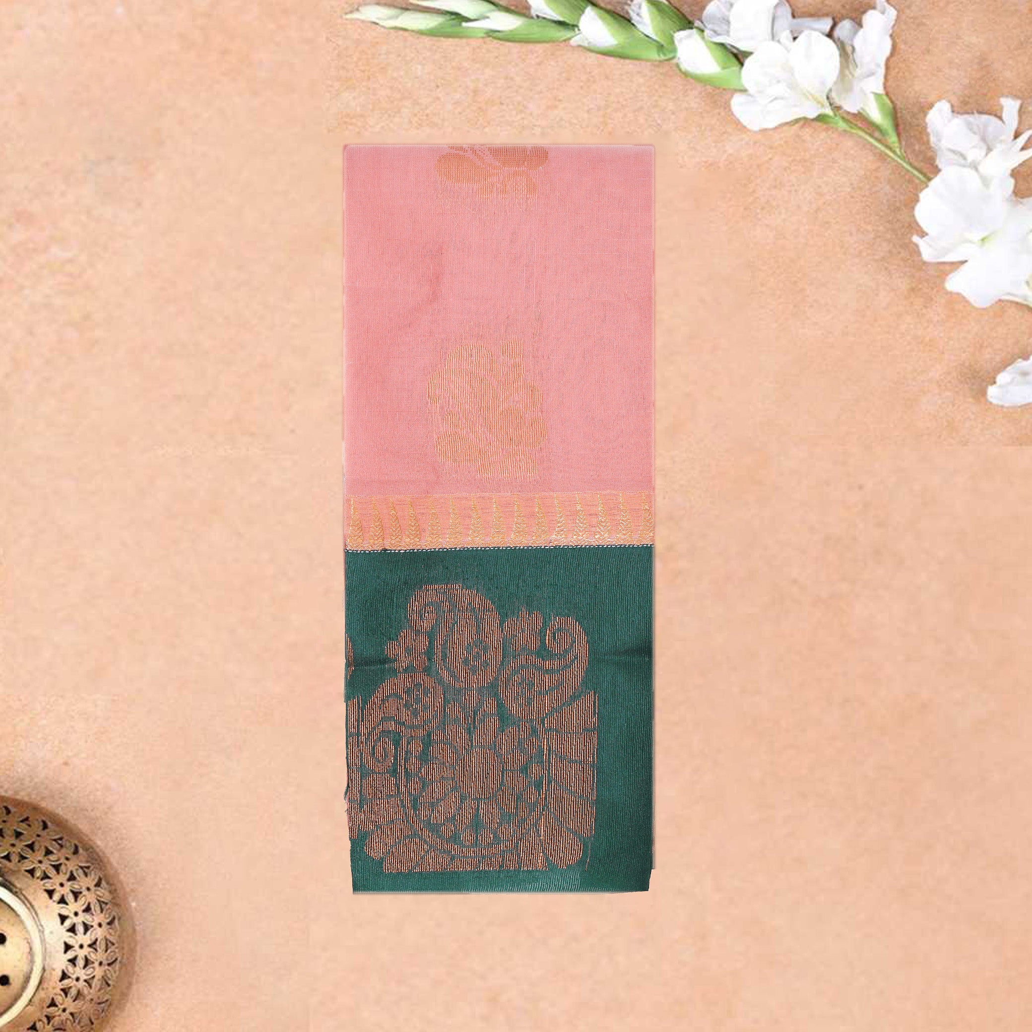 Peach  With Dark Green Silk Cotton Saree
