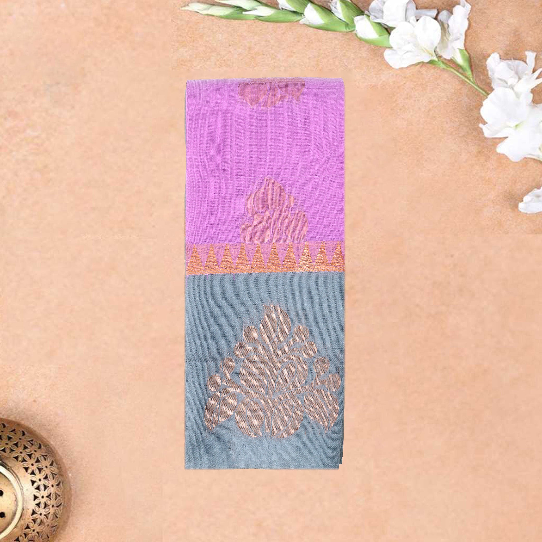 Pink  With Grey Border Silk Cotton Saree