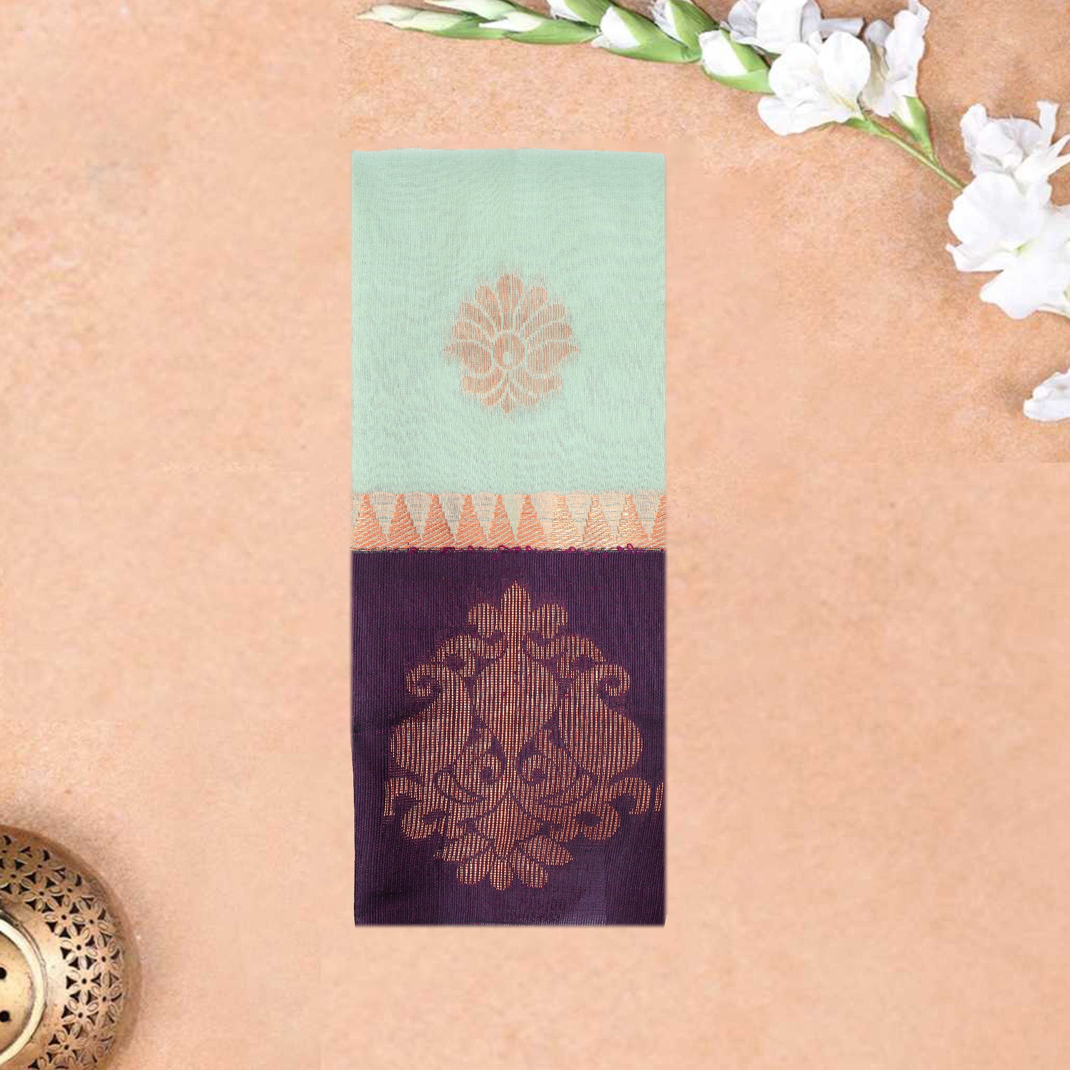 Pastel Green With  Purple Silk Cotton Saree