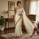 Off White With Gold Border  Mul Mul Cotton Saree