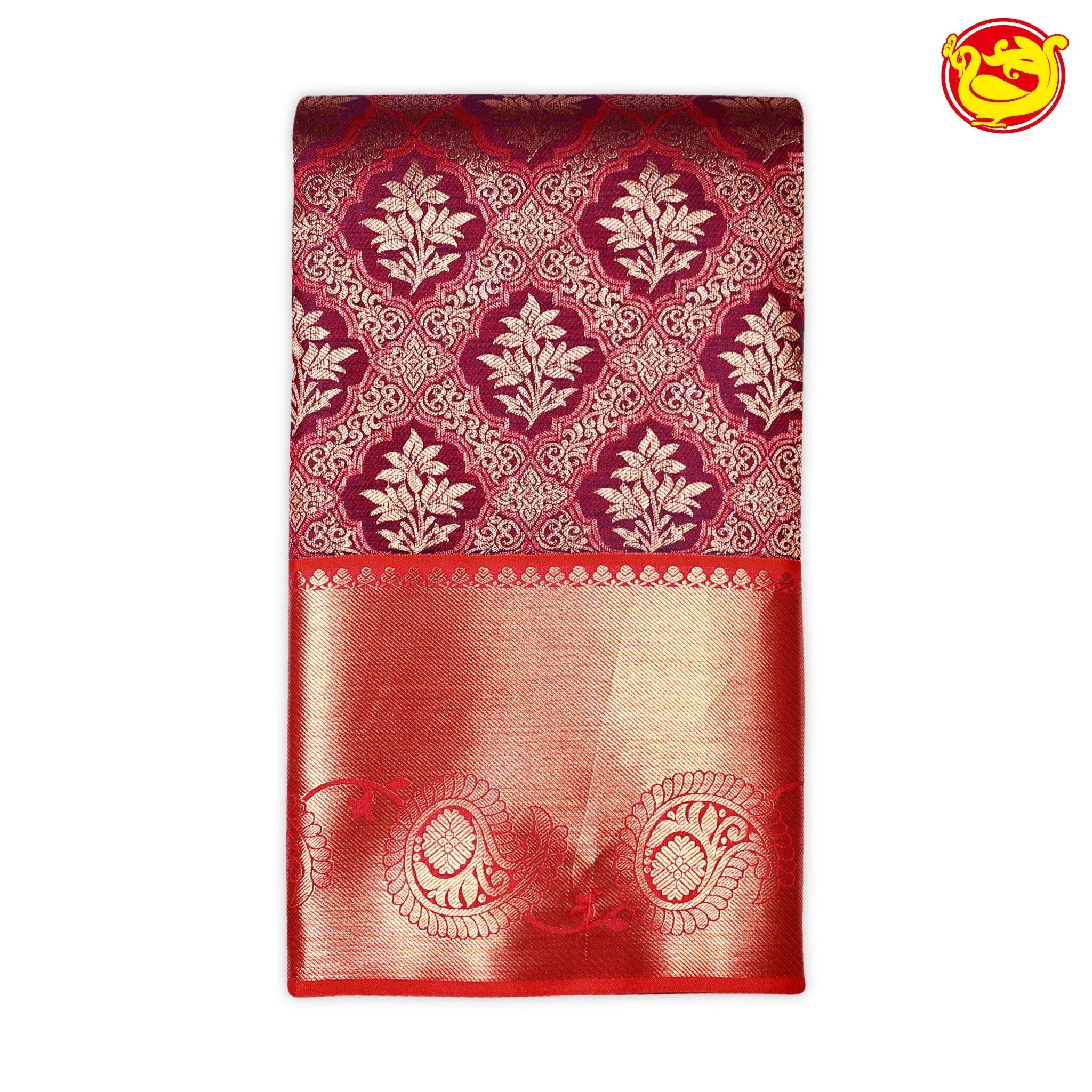 Magenta Pink Floral pattern Gold Zari Border Pure Kanjivaram Subhalaya Wedding Silk Saree - Thenianantham