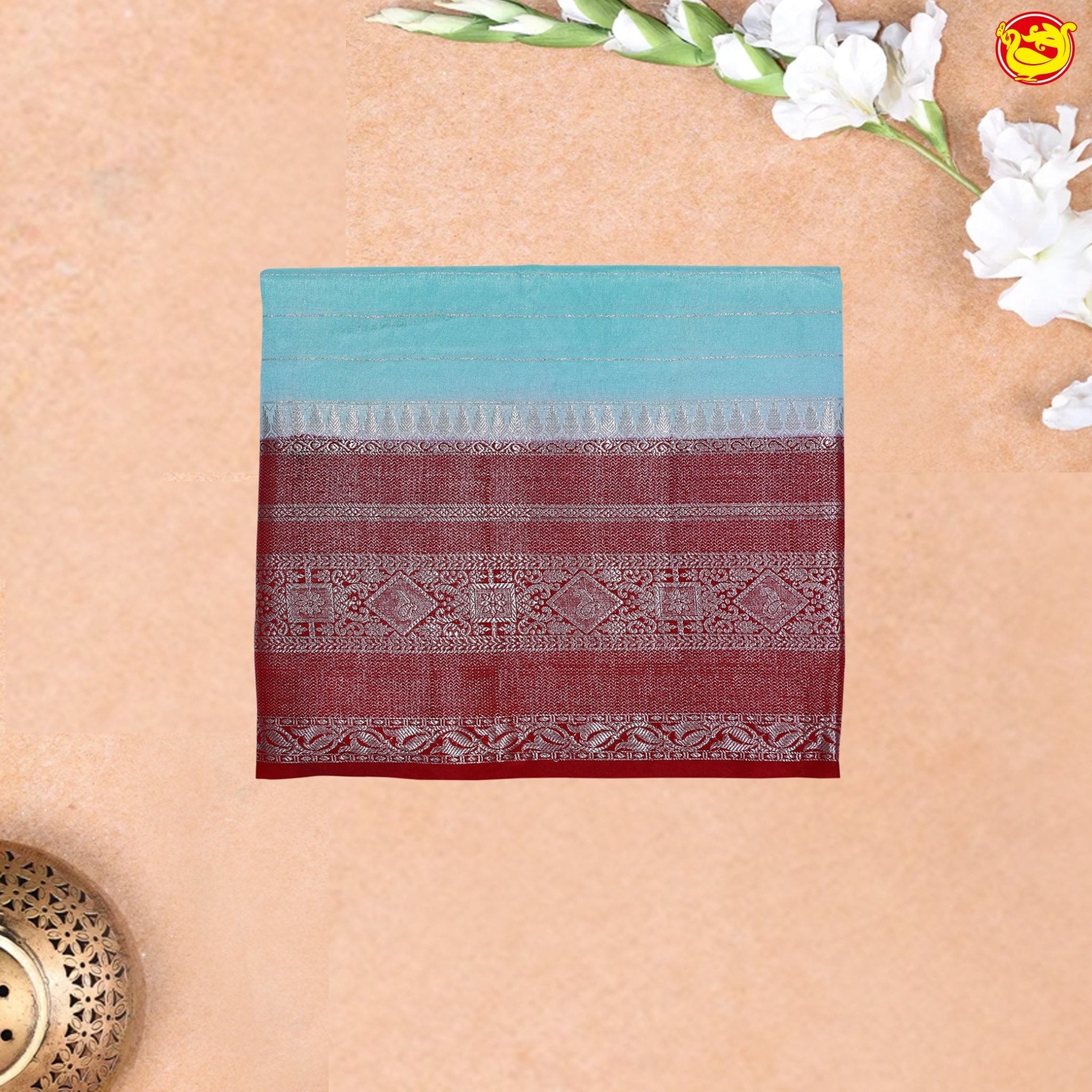 Ice Blue Horizontal Strips Motifs Silver Zari Floral Border Raw Silk Saree with Double Blouse