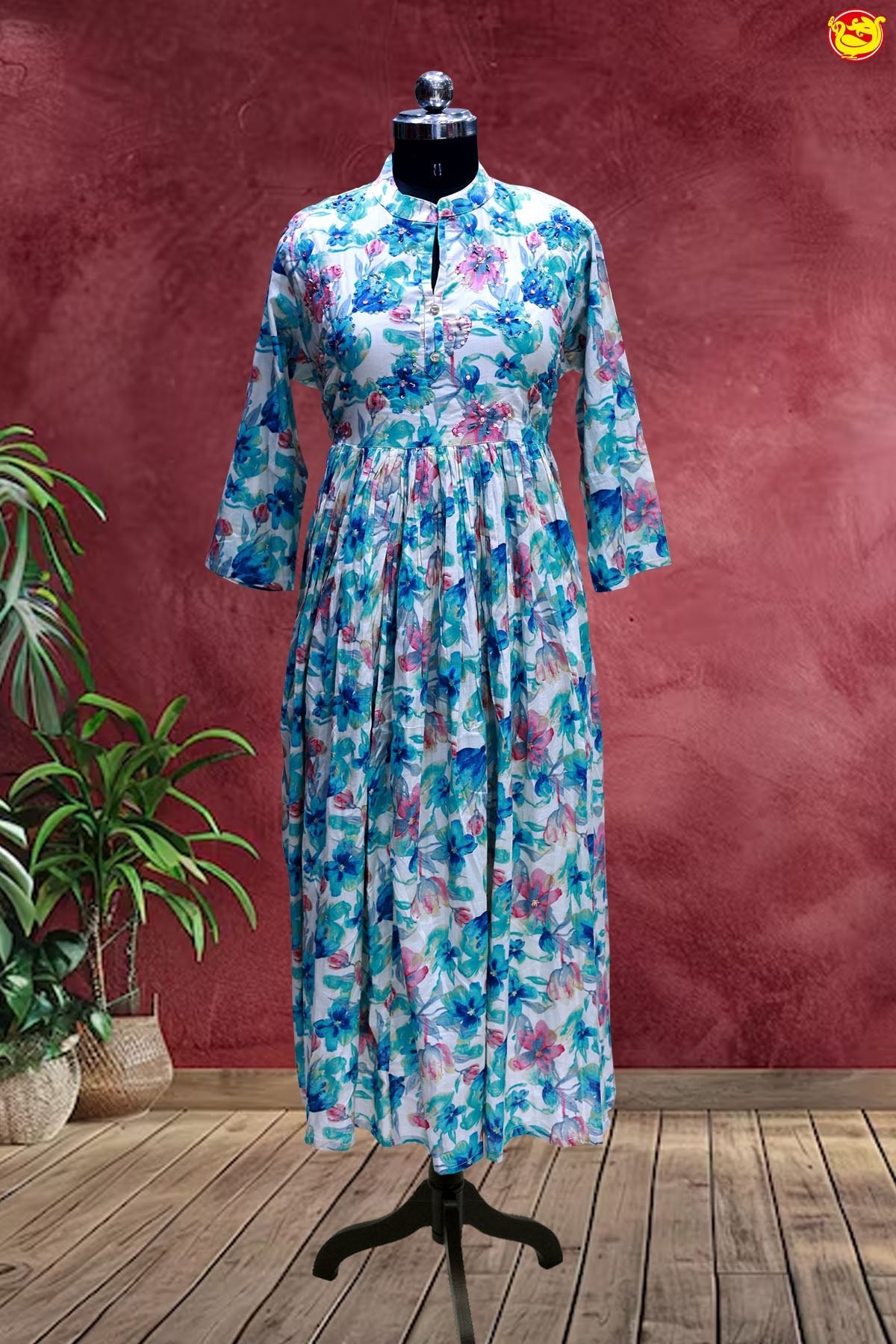 Blue with Colouruful Floral Garden Ladies Branded Readymade Maxi Top