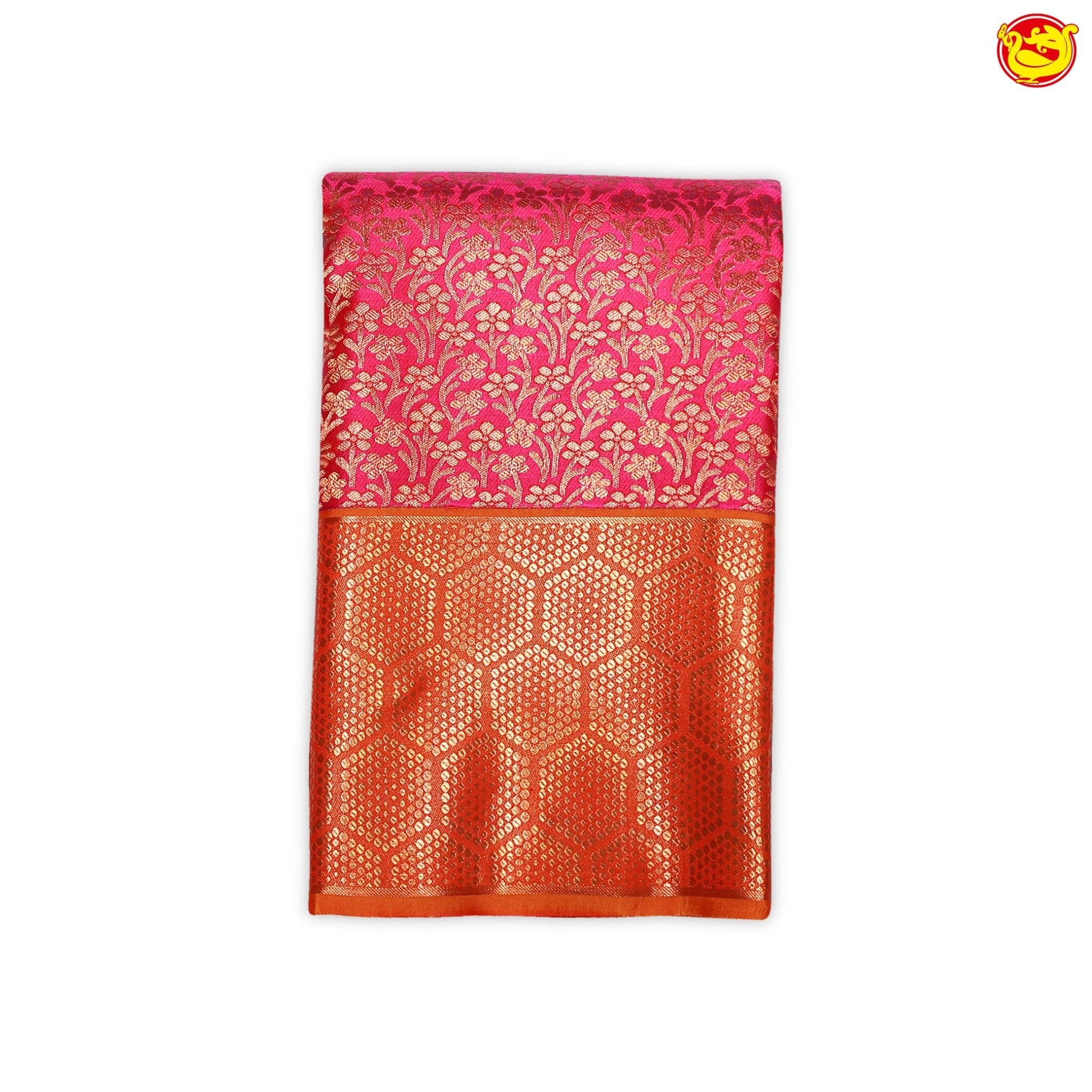 Pink with Orange Jacquard Gold Zari Geometric Motifs Border Pure Kanjivaram Wedding Silk Saree