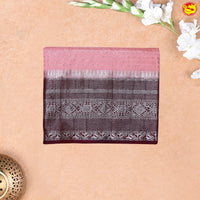 Peach Horizontal Strips Motifs Silver Zari Floral Border Raw Silk Saree with Double Blouse - Thenianantham