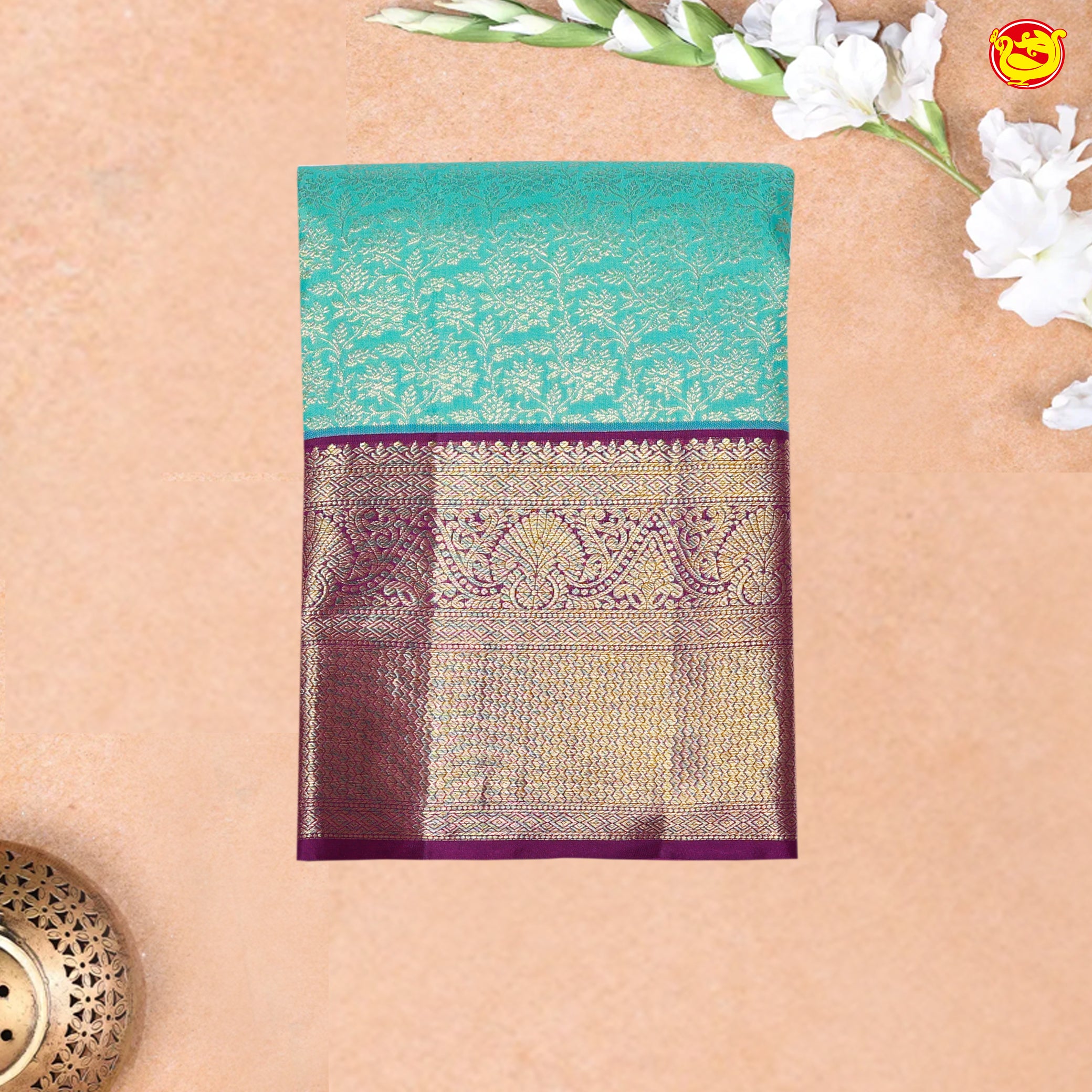 Sky Blue with Violet Traditional Wedding Silk Saree