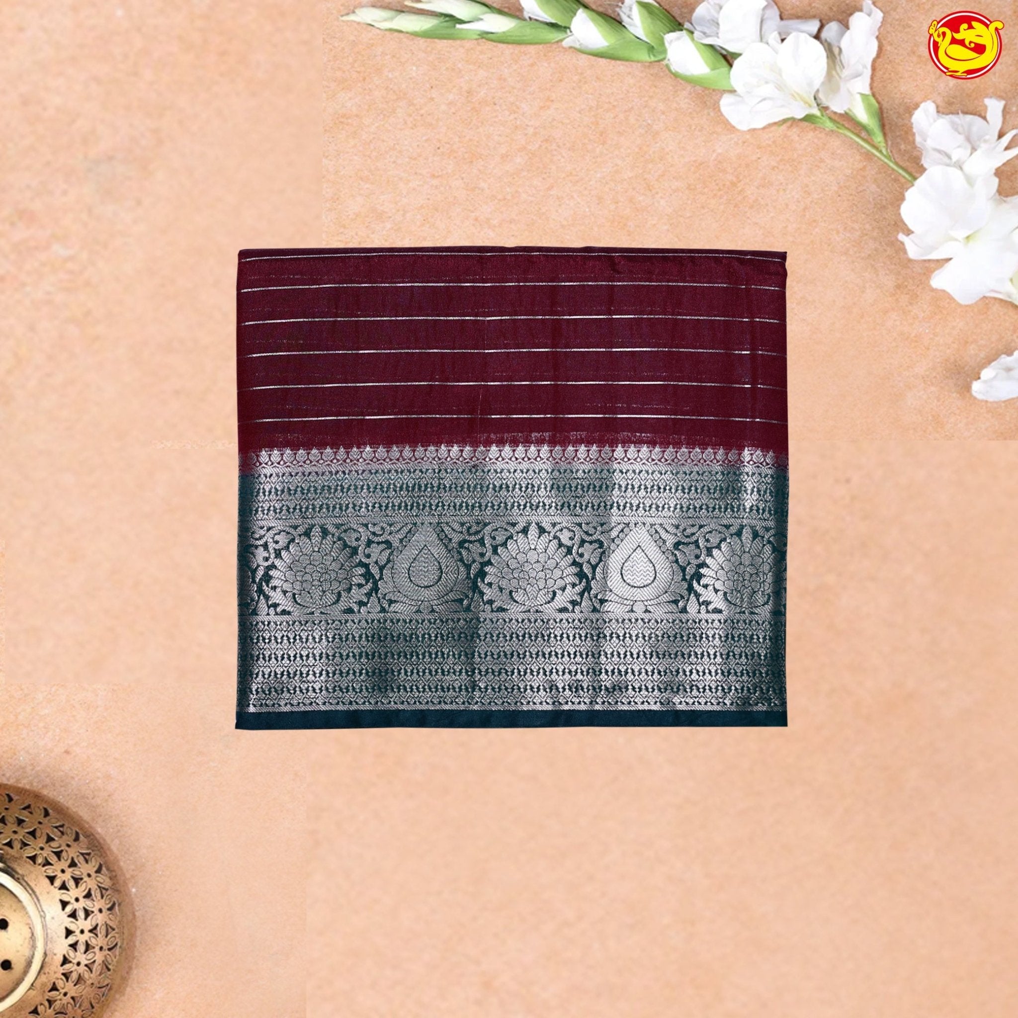 Coffee Brown Horizontal Strips Motifs Silver Zari Traditional Floral Border Raw Silk Saree with Double Blouse