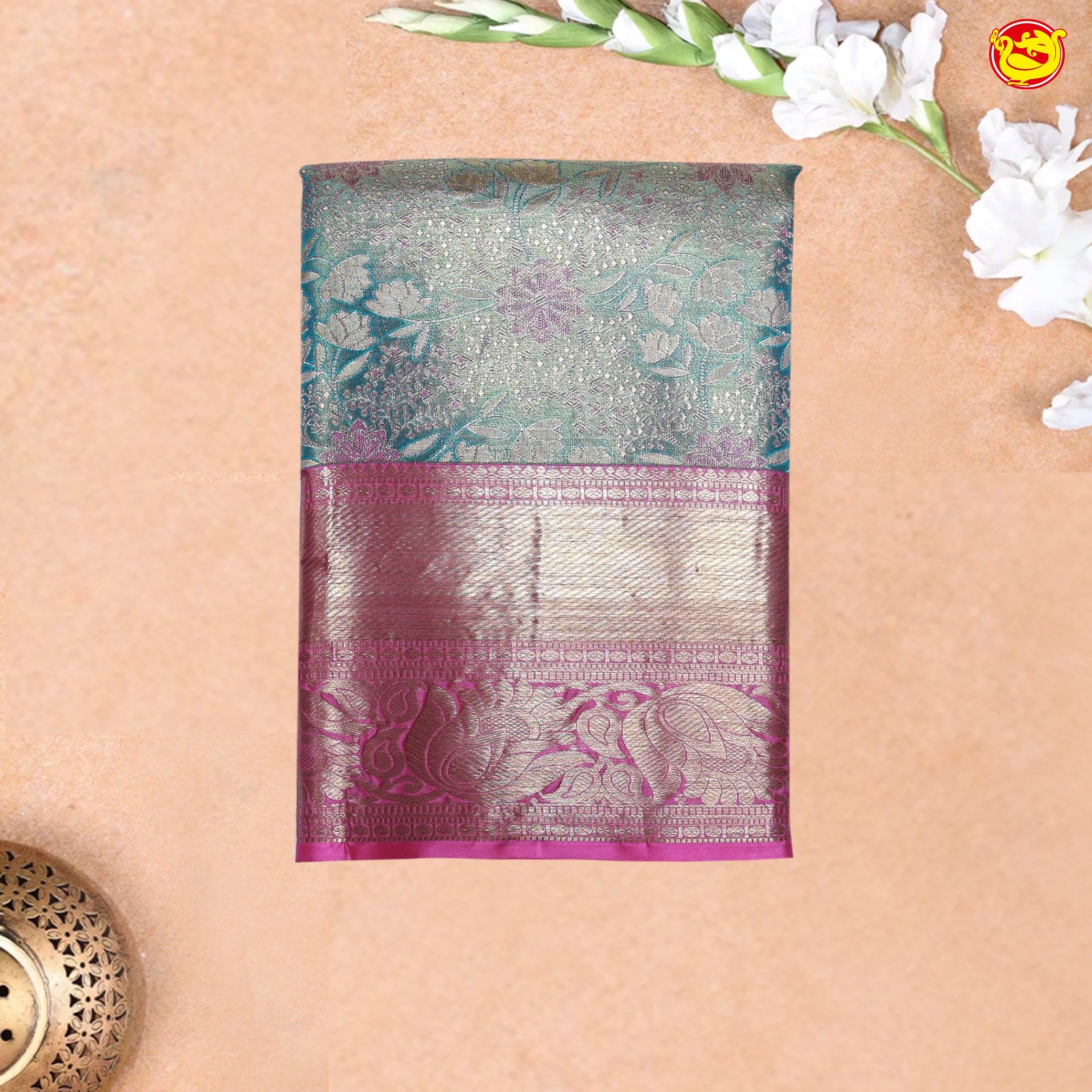 Water Blue with Pink Traditional Tissue Wedding Silk Saree