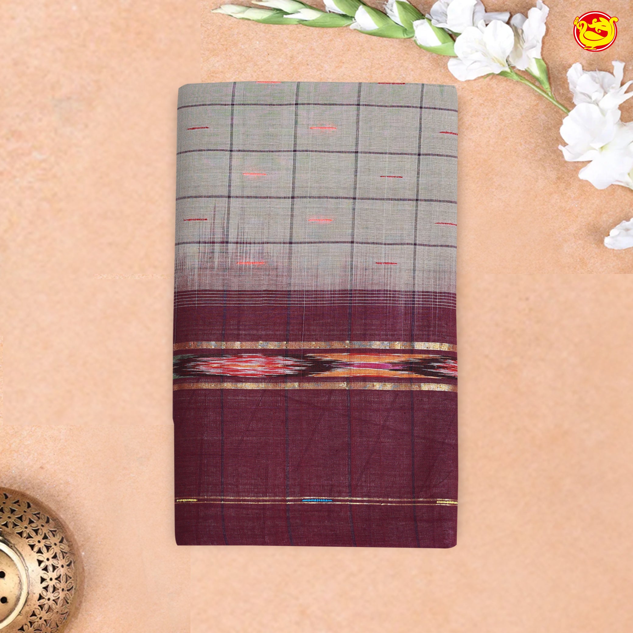 Grey with Dark Maroon Checked Venkatagiri  Pure Cotton Saree without Blouse