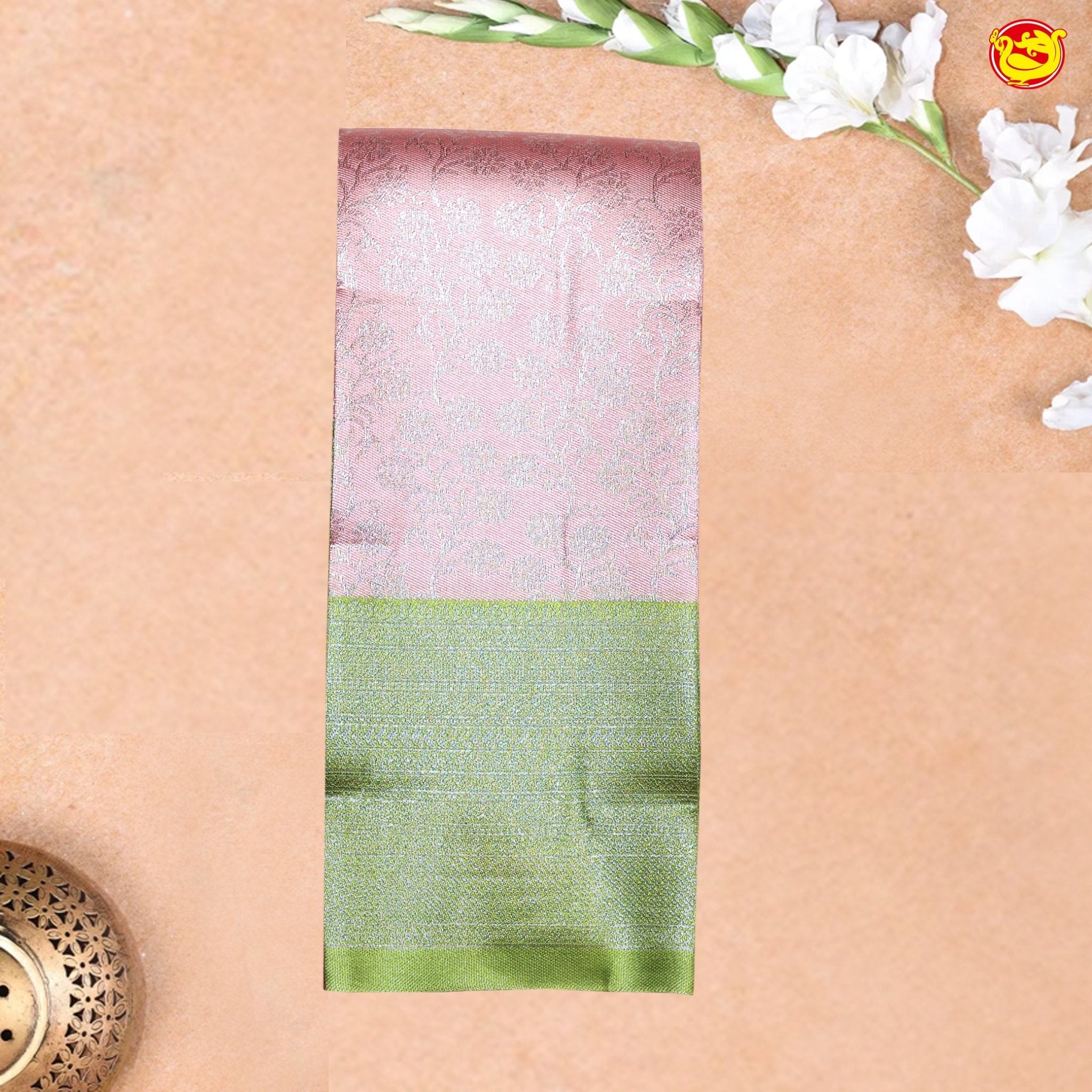 Peach with Pastel Green Floral Motifs Kubera Pattu Saree