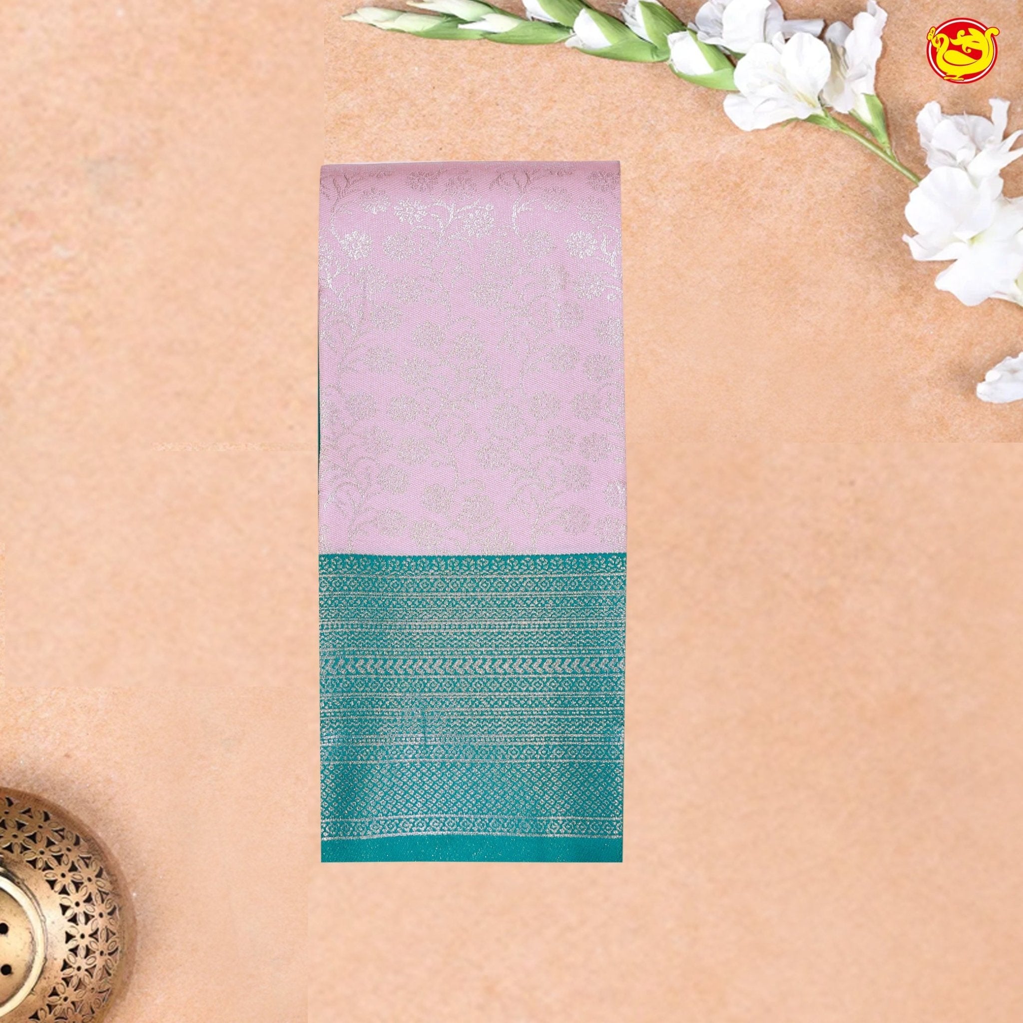 Baby Pink with Peacock Blue Floral Motifs Kubera Pattu Saree