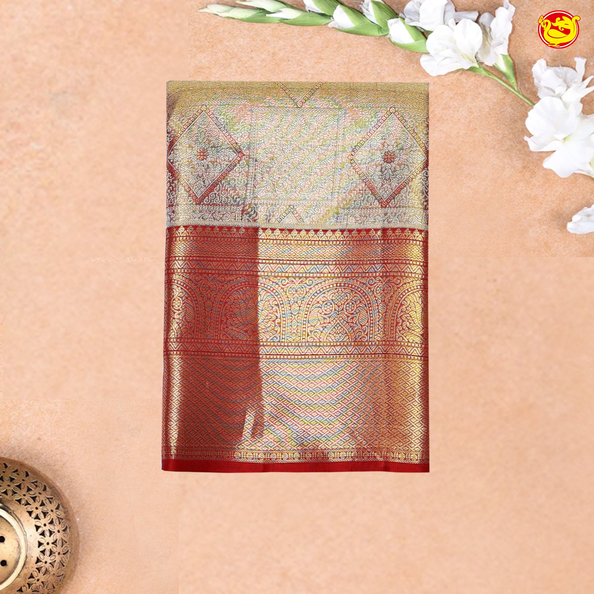 Golden with Red Border Traditional Tissue Wedding Silk Saree