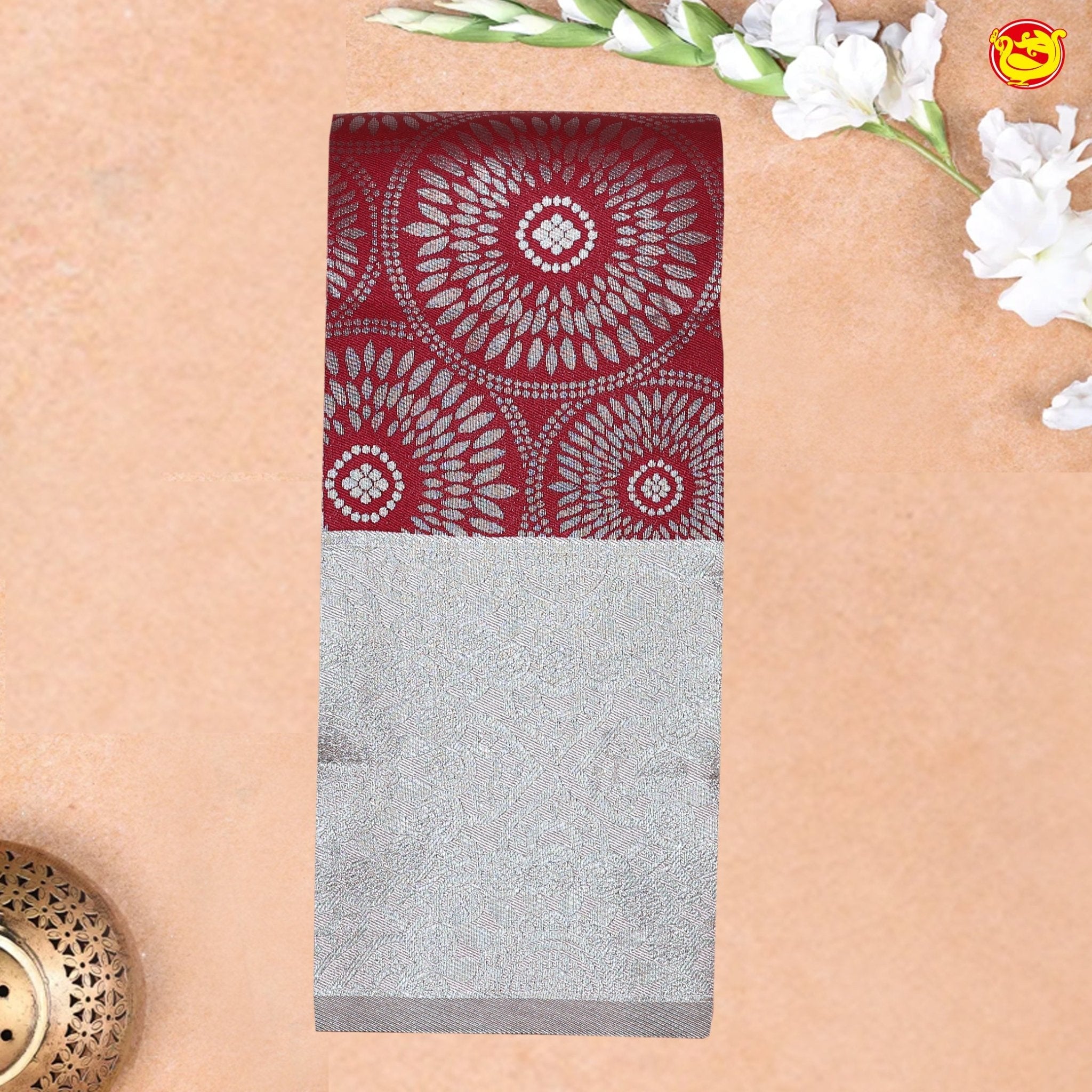 Dark Maroon with Light Grey Circle Motifs Kubera Pattu Saree