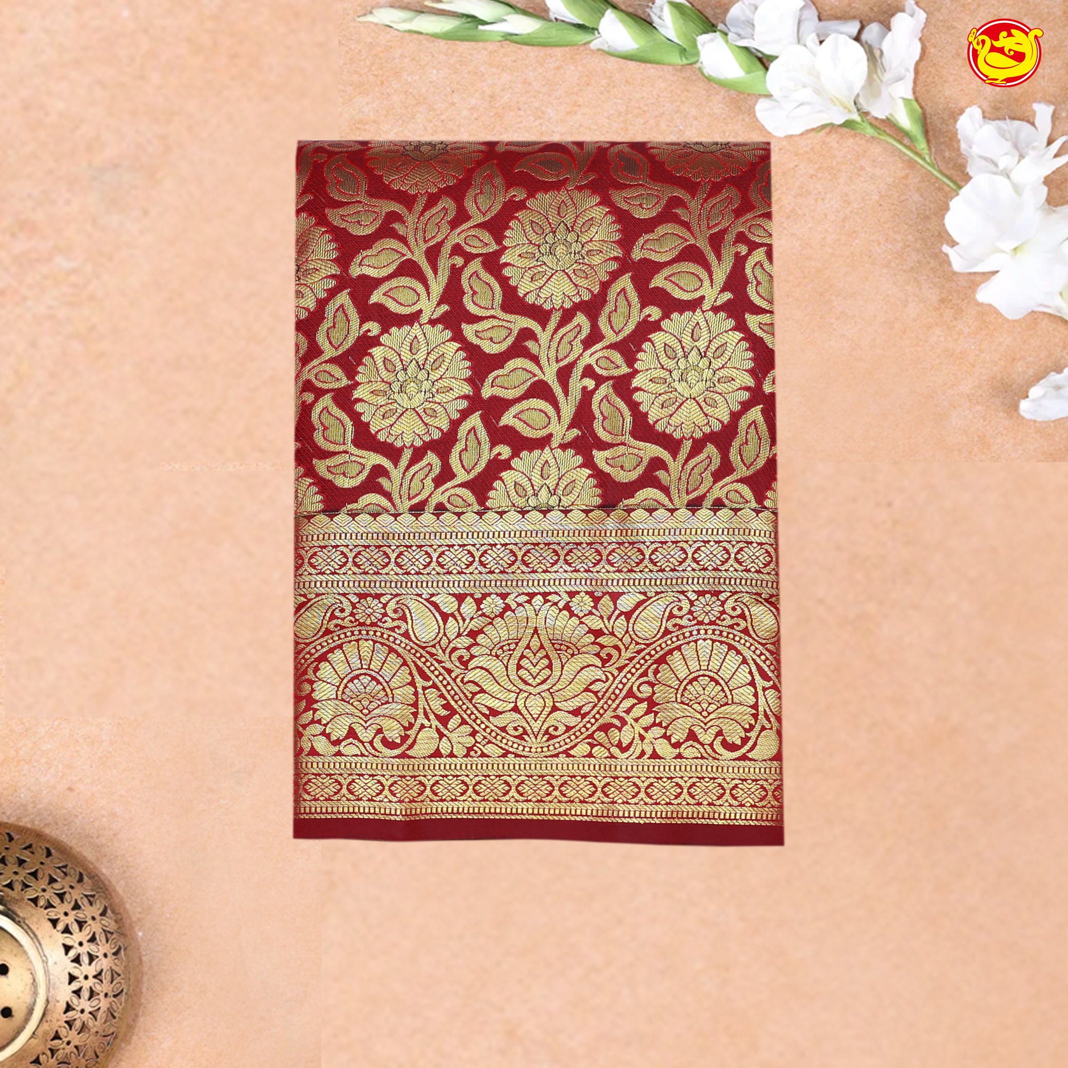 Dark red With Gold Zari Floral Border Wedding Silk Saree