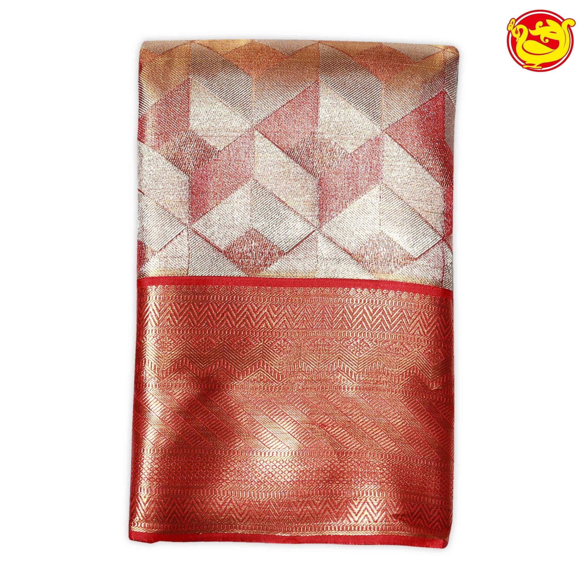 Peaches Pink Geometry Pattern Tissue Gold with Silver Zari zig zag Motifs Border Pure Kanjivaram Wedding Silk Saree