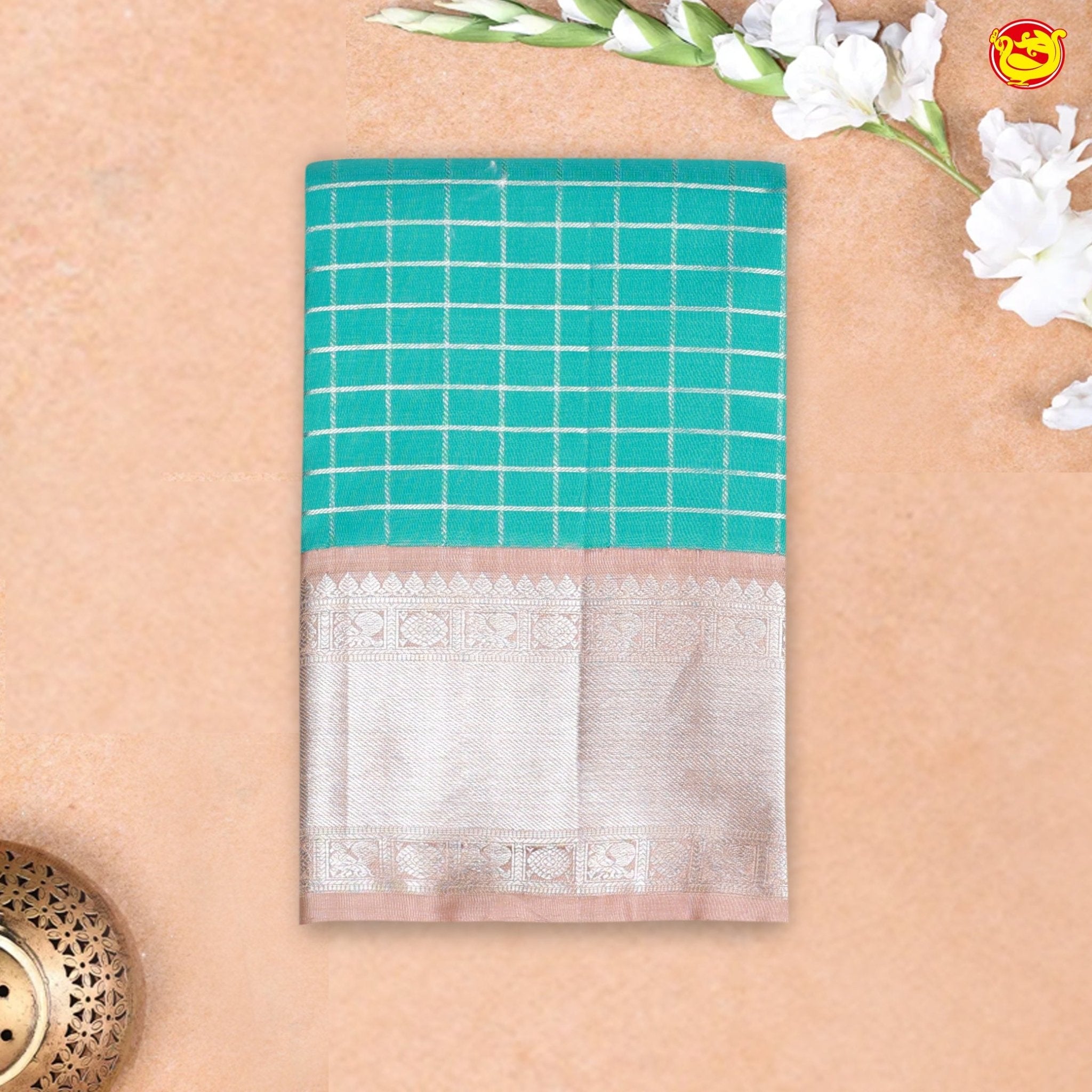 Aqua Blue with Pastel Brown Checked Motifs Soft Silk Saree