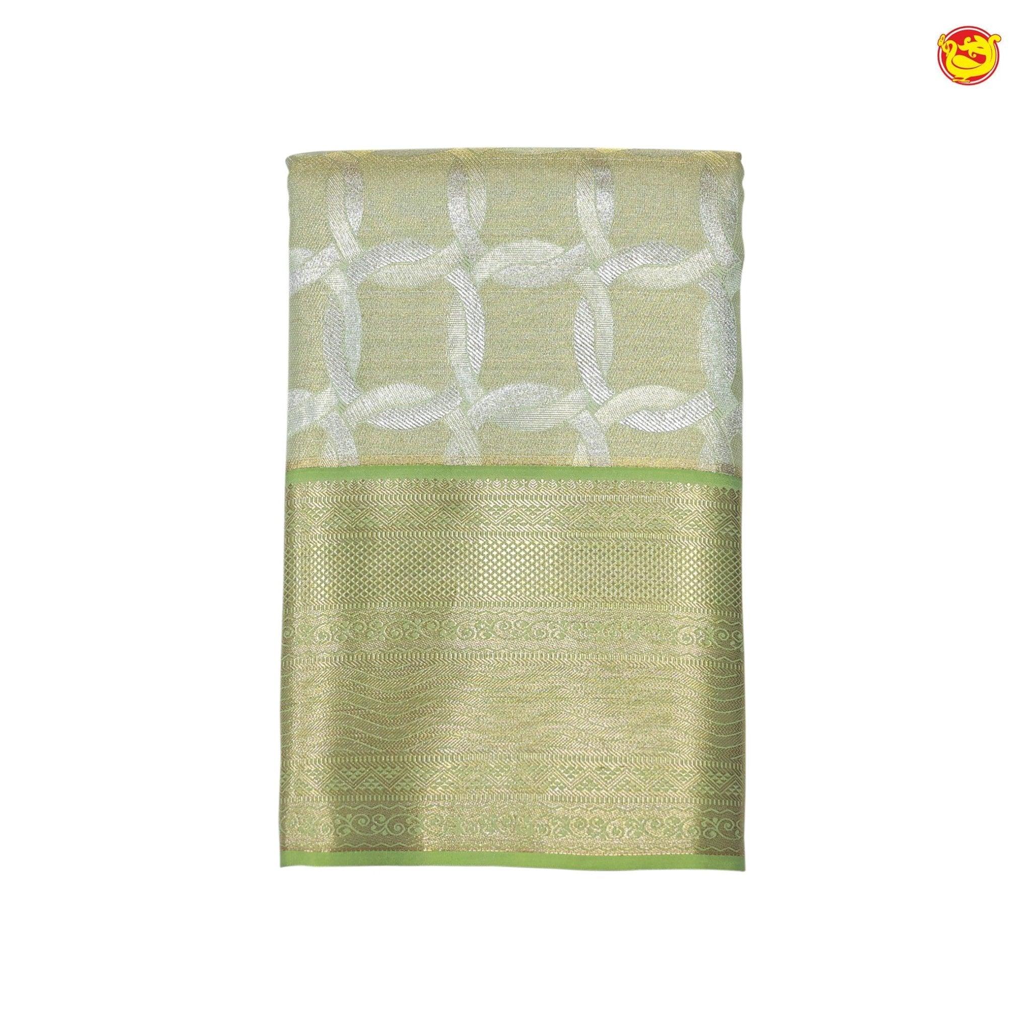 Pastel Green Kattam Motifs Silver Zari Floral Long Border Pure Kanjivaram Wedding Silk S