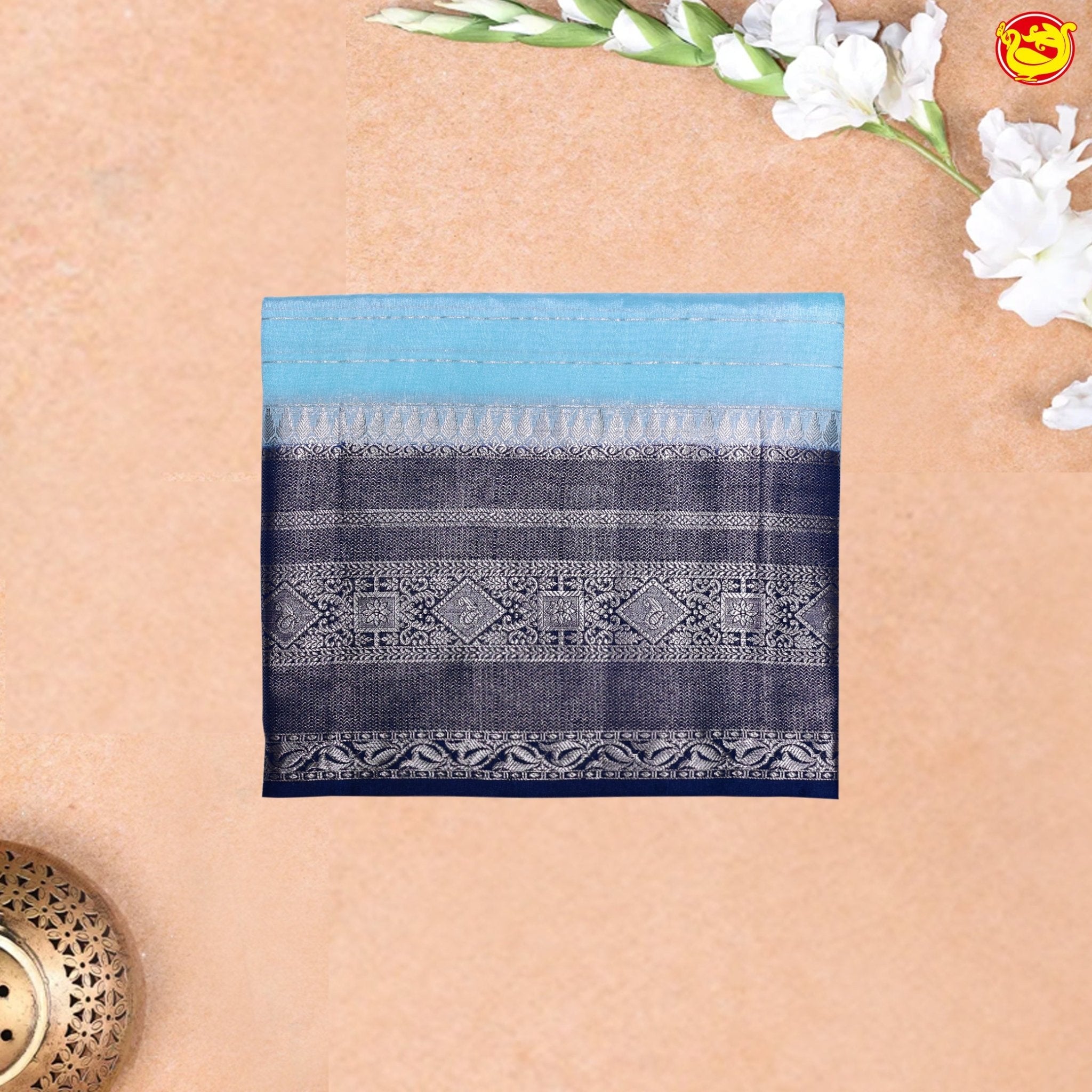 Sky Blue Horizontal Strips Motifs Silver Zari Floral Border Raw Silk Saree with Double Blouse - Thenianantham