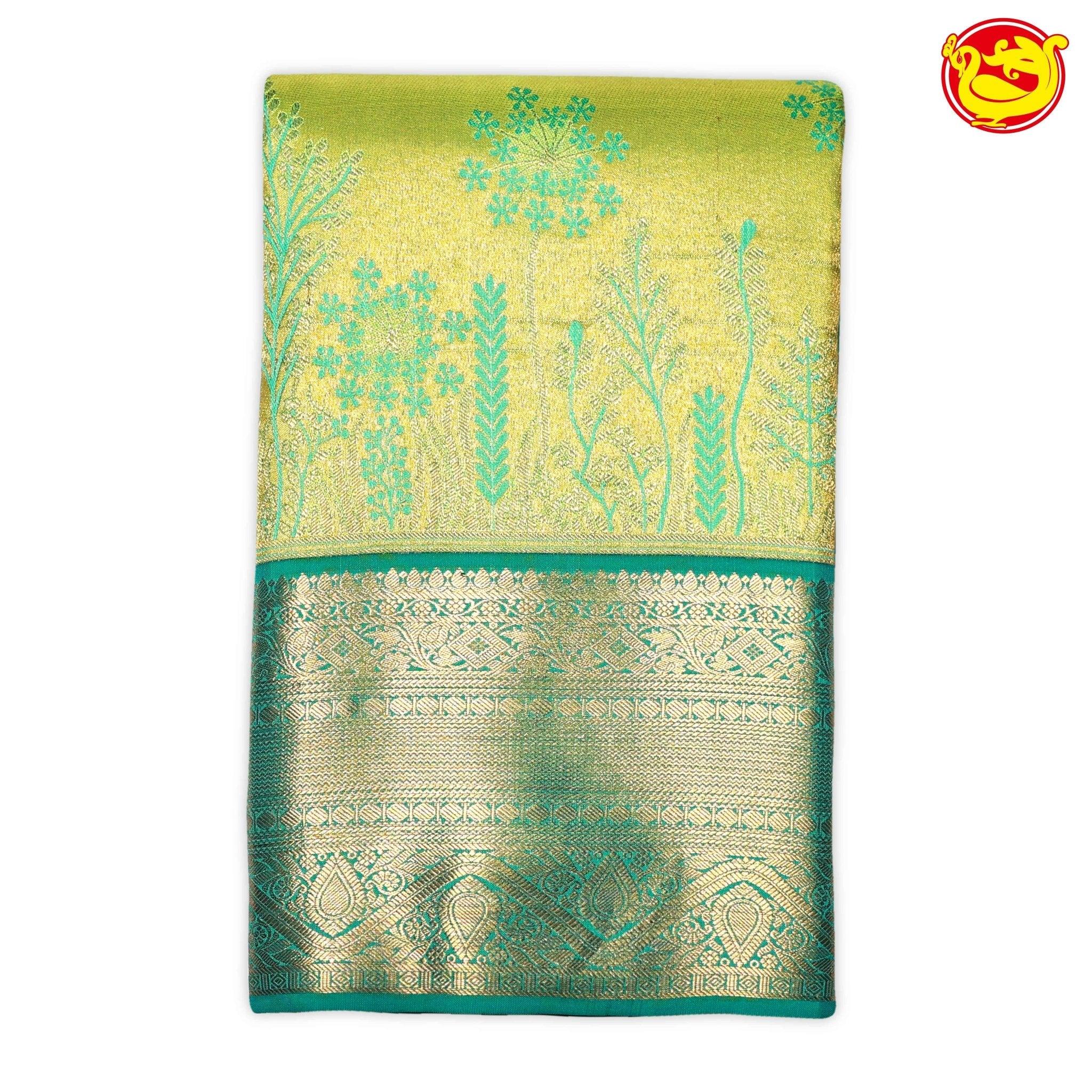 Pastel Green Floral Print Gold Zari Buttas Border Pure Kanjivaram Traditional Wedding Silk Saree