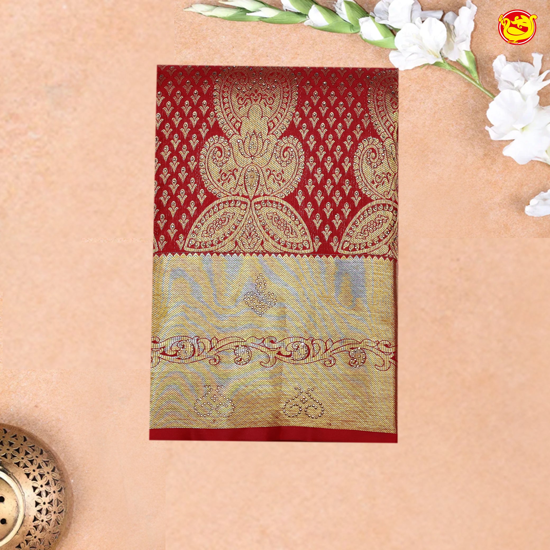Cherry Red with Golden Stone Work Gold Zari Border Wedding Silk Saree