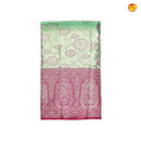 Green with Pink Floral Motifs Gold Zari Long Border Kanjivaram Wedding Silk Saree - Thenianantham