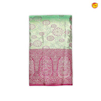 Green with Pink Floral Motifs Gold Zari Long Border Kanjivaram Wedding Silk Saree - Thenianantham