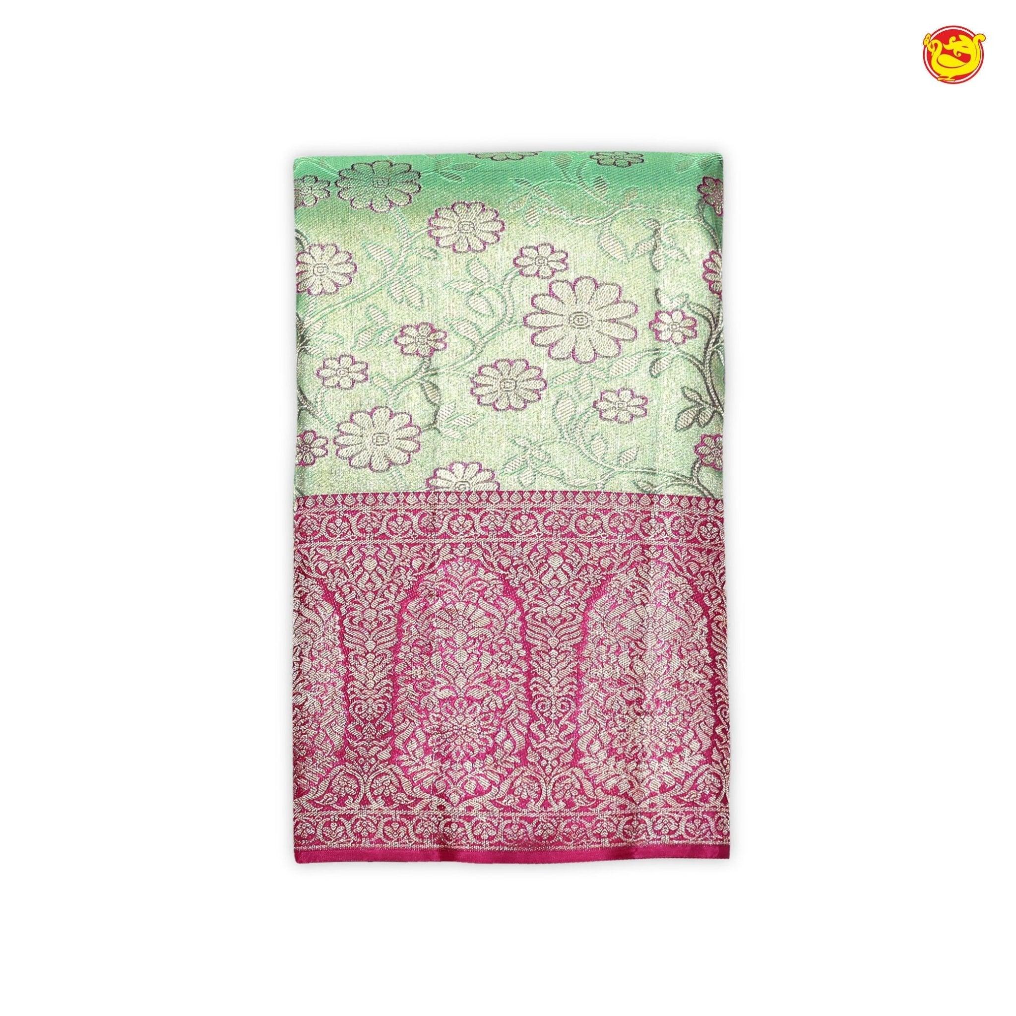 Green with Pink Floral Motifs Gold Zari Long Border Kanjivaram Wedding Silk Saree